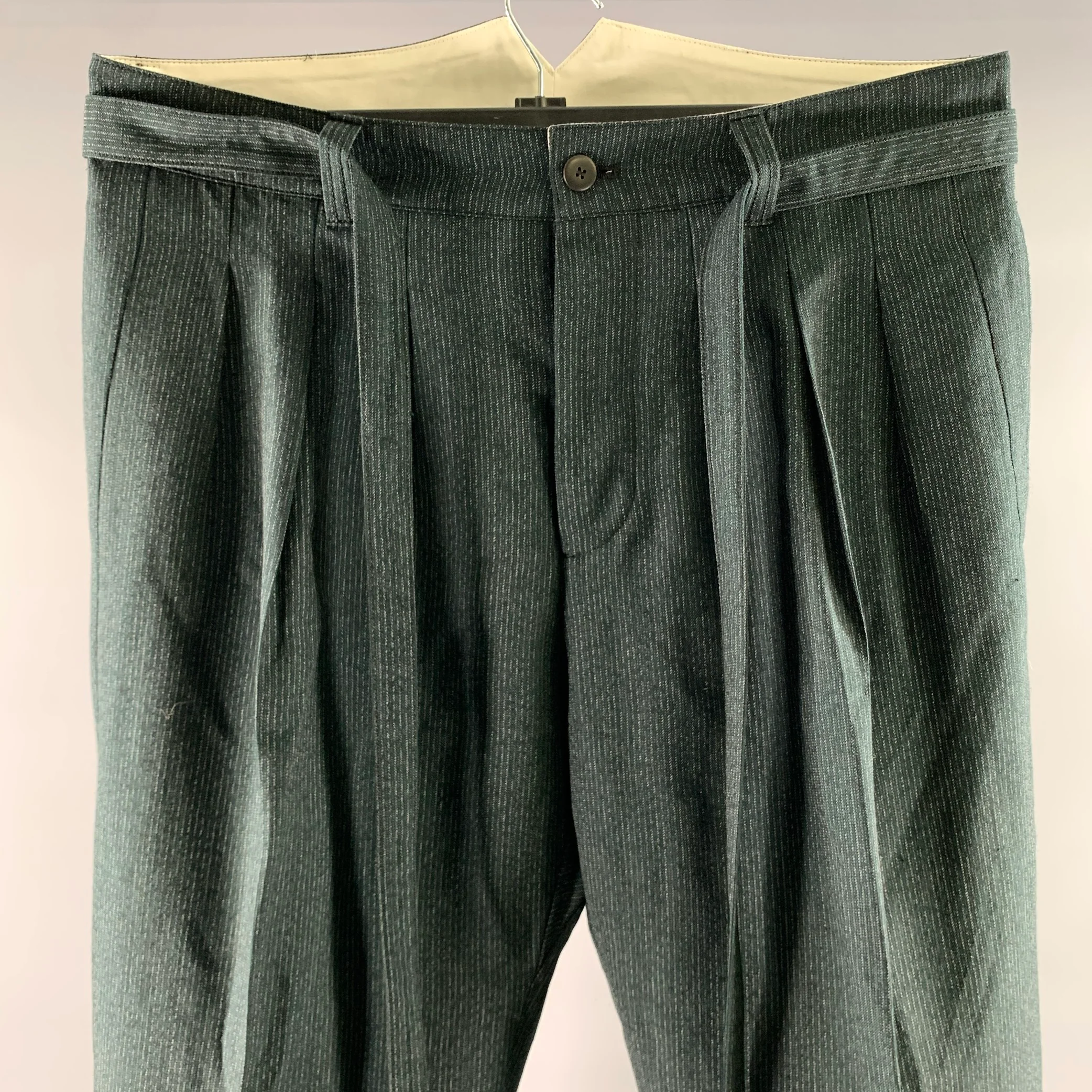 VISVIM Size L Green Pinstripe Wool Linen Silk Pants - Image 2
