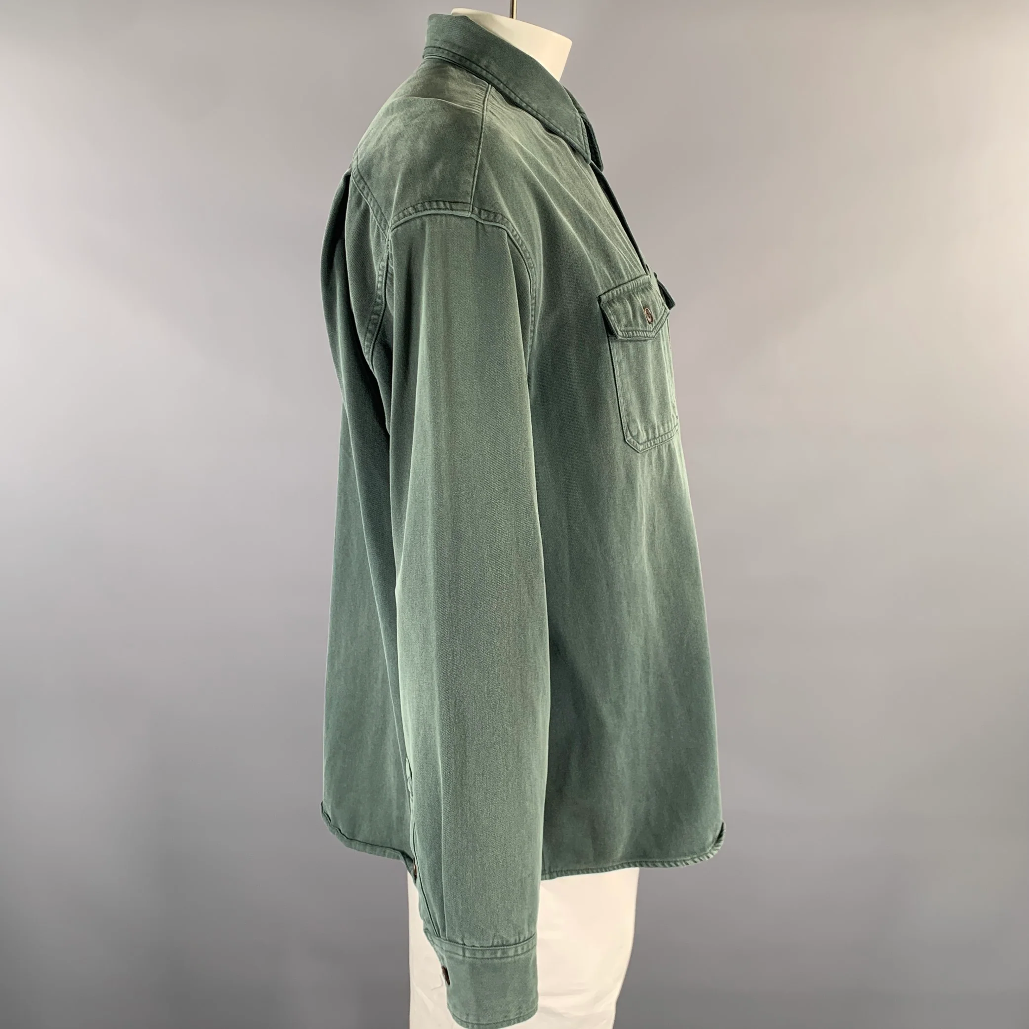 VISVIM Size L Green Wash Cotton Patch Pockets Long Sleeve Shirt - Image 2