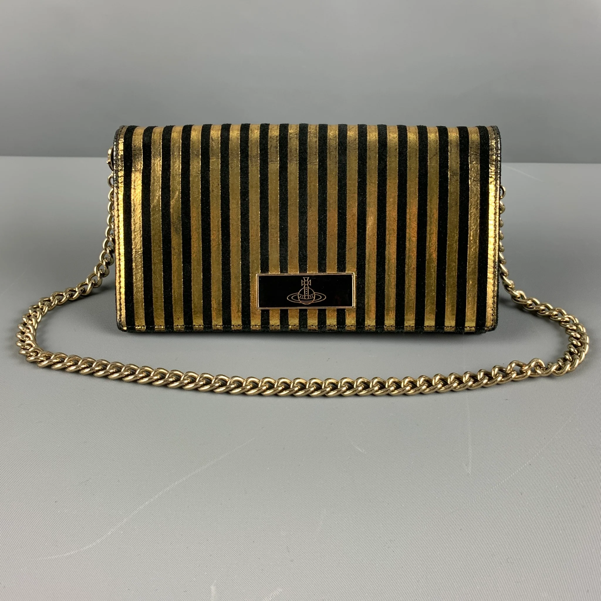 VIVIENNE WESTWOOD Gold Black Stripe Leather Wallet Handbag