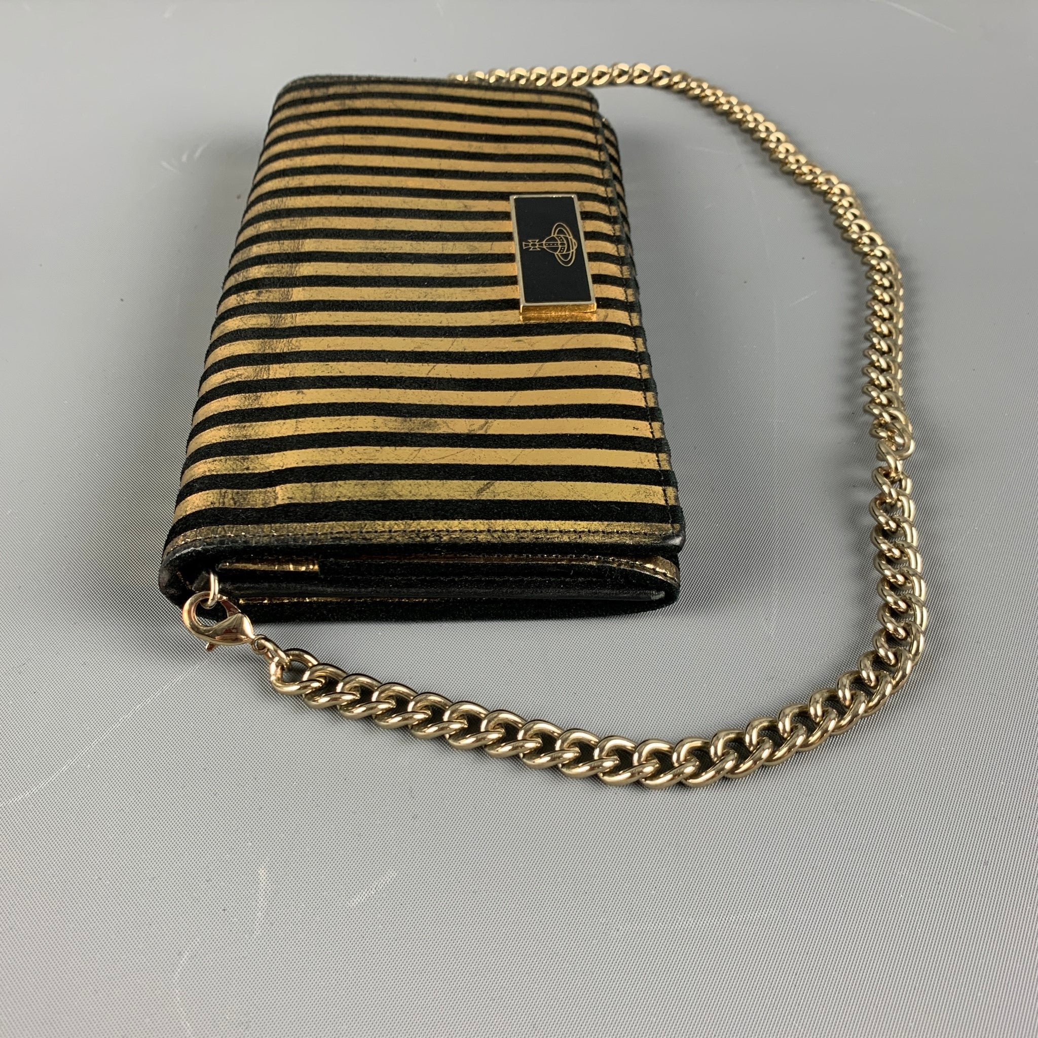 VIVIENNE WESTWOOD Gold Black Stripe Leather Wallet Handbag - Image 2