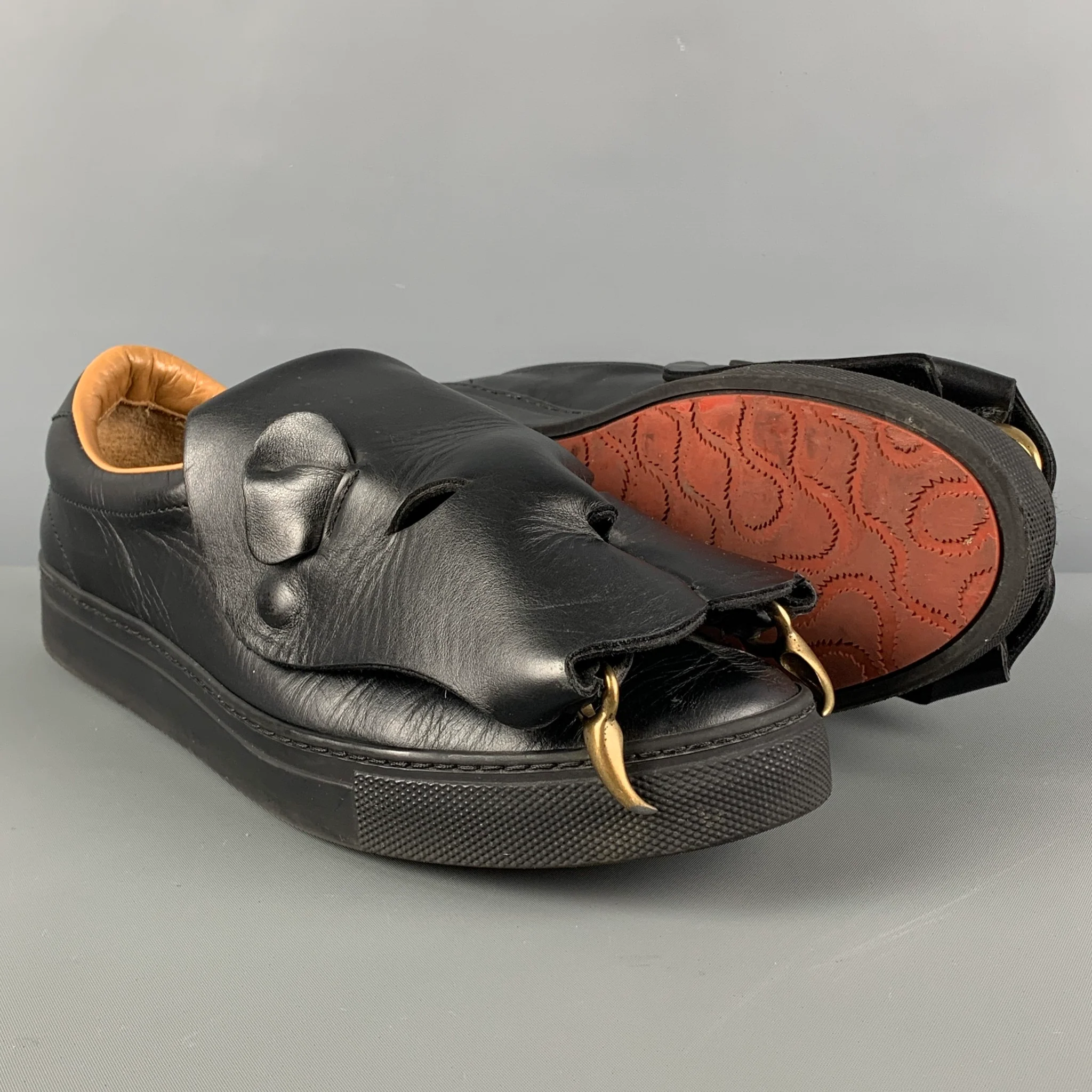 VIVIENNE WESTWOOD Size 10 Black Cut Outs Leather Slip On Sneakers - Image 4