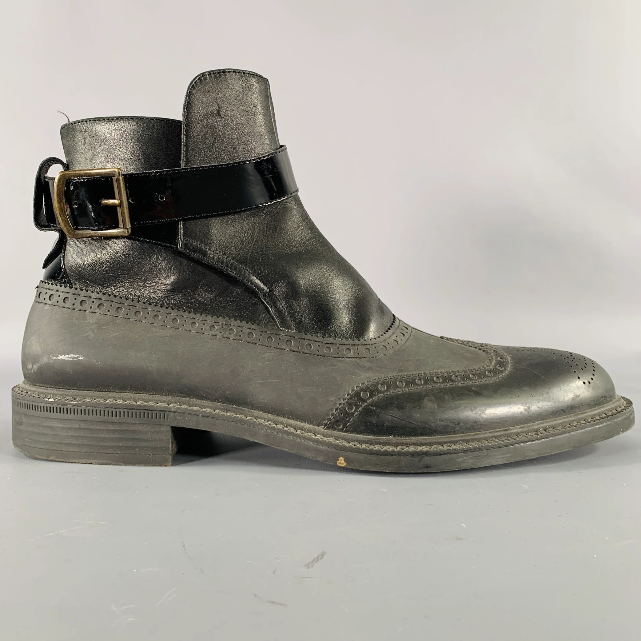 VIVIENNE WESTWOOD Size 12 Black Dark Grey Perforated Rubber Ankle Strap Boots - Image 2