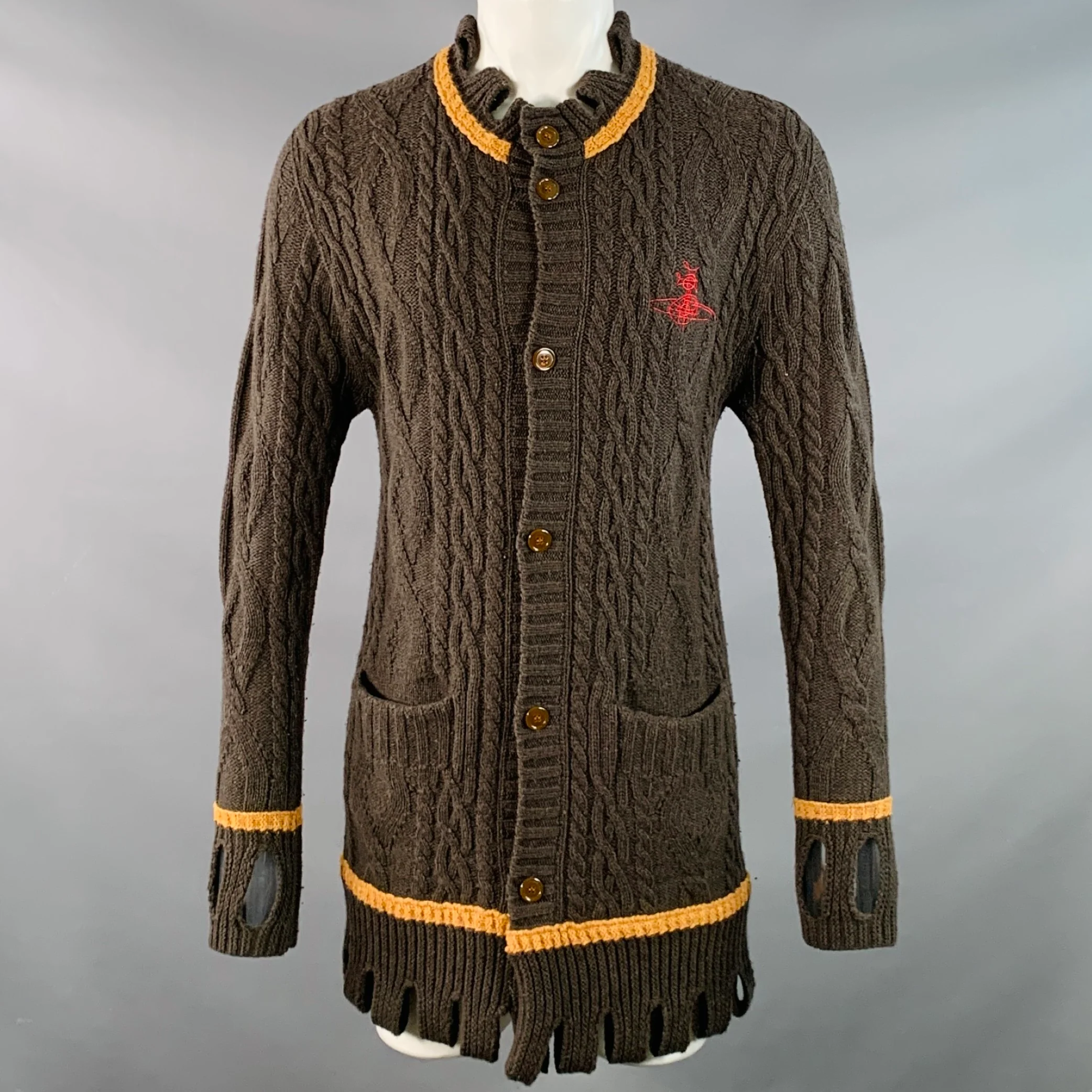 VIVIENNE WESTWOOD Size 36 Brown Tan Cable Knit Wool Cutout Long Cardigan