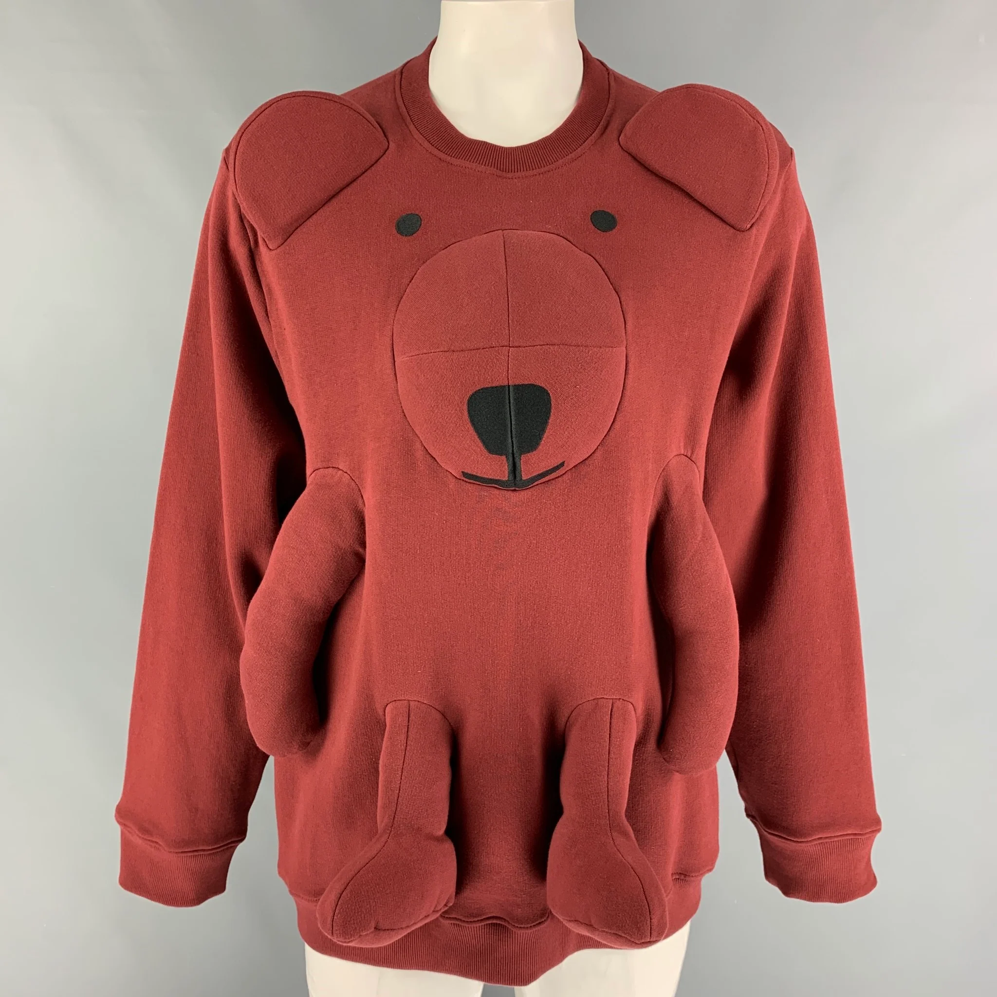 WALTER VAN BEIRENDONCK FW21 Size L Burgundy Bear Applique Cotton Crew-Neck Sweatshirt