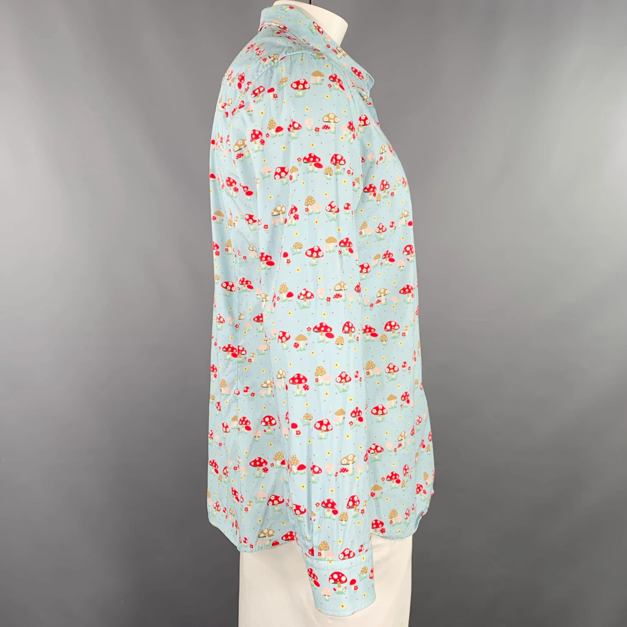 WALTER VAN BEIRENDONCK Size XL Blue Red Cotton Mushrooms One Pocket Long Sleeve Shirt - Image 3