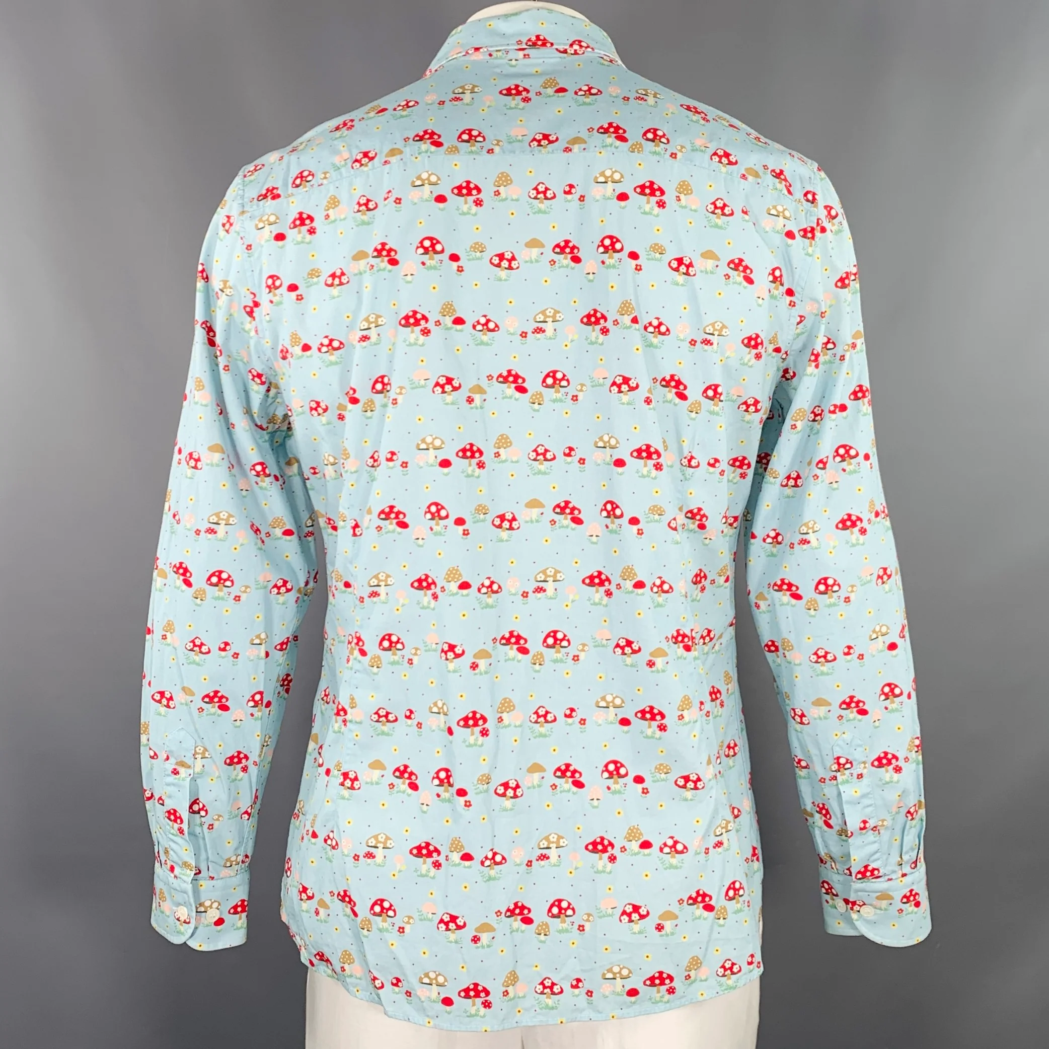 WALTER VAN BEIRENDONCK Size XL Blue Red Cotton Mushrooms One Pocket Long Sleeve Shirt - Image 4