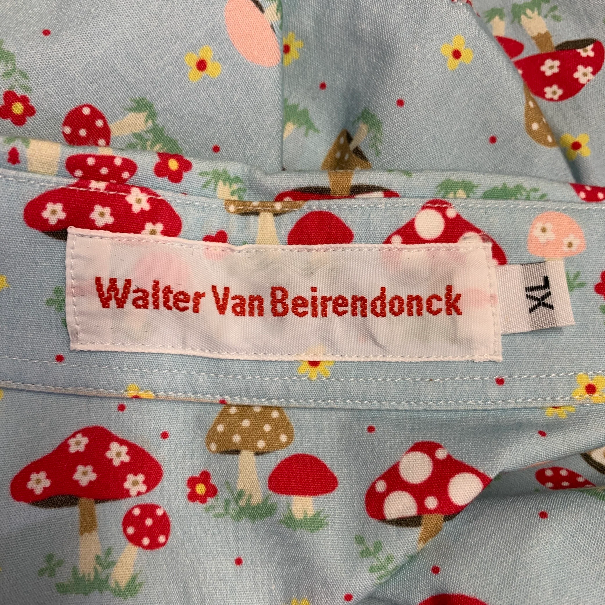 WALTER VAN BEIRENDONCK Size XL Blue Red Cotton Mushrooms One Pocket Long Sleeve Shirt - Image 5