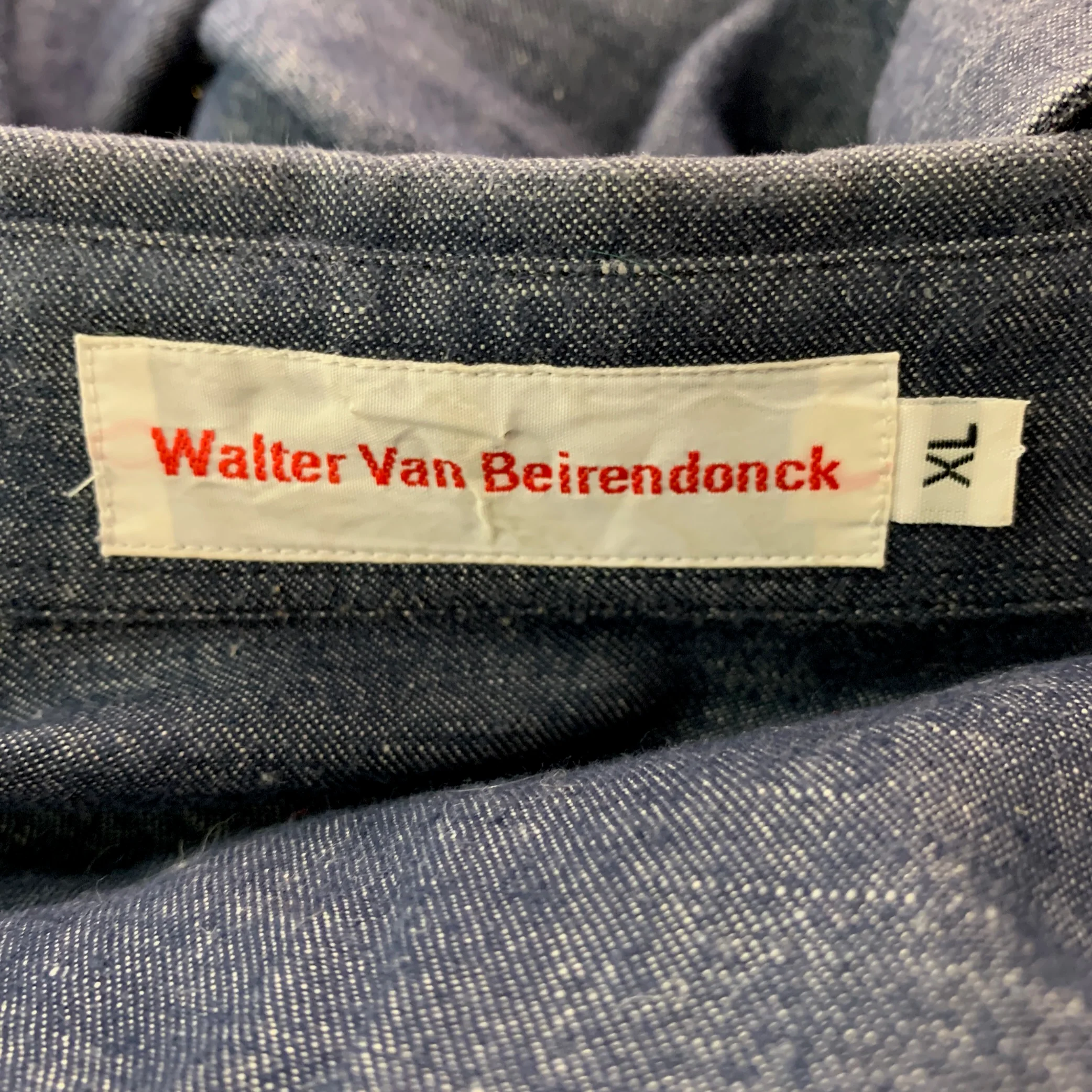 WALTER VAN BEIRENDONCK Size XL Navy Orange Embroidery Cotton Long Sleeve Shirt - Image 5