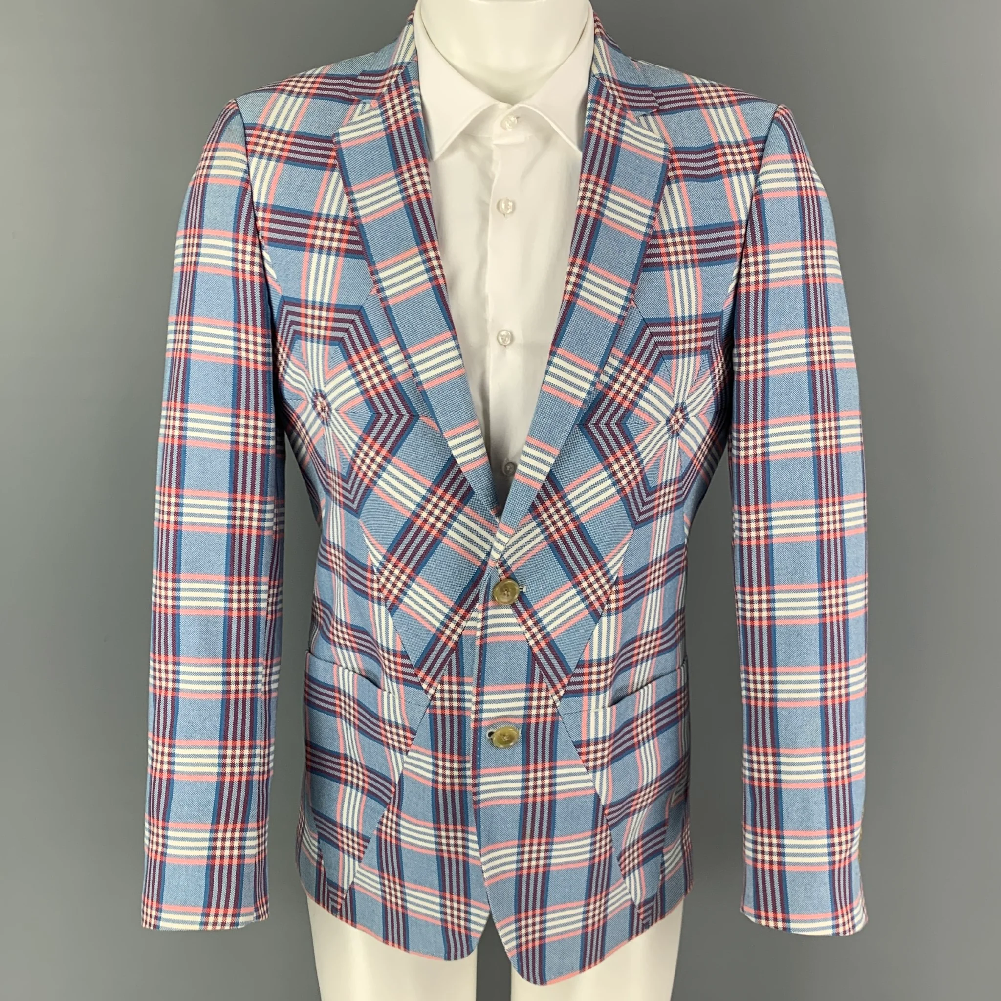 WALTER VAN BEIRENDONCK Spring 2017 Size 38 Blue White & Red Plaid Cotton Sport Coat