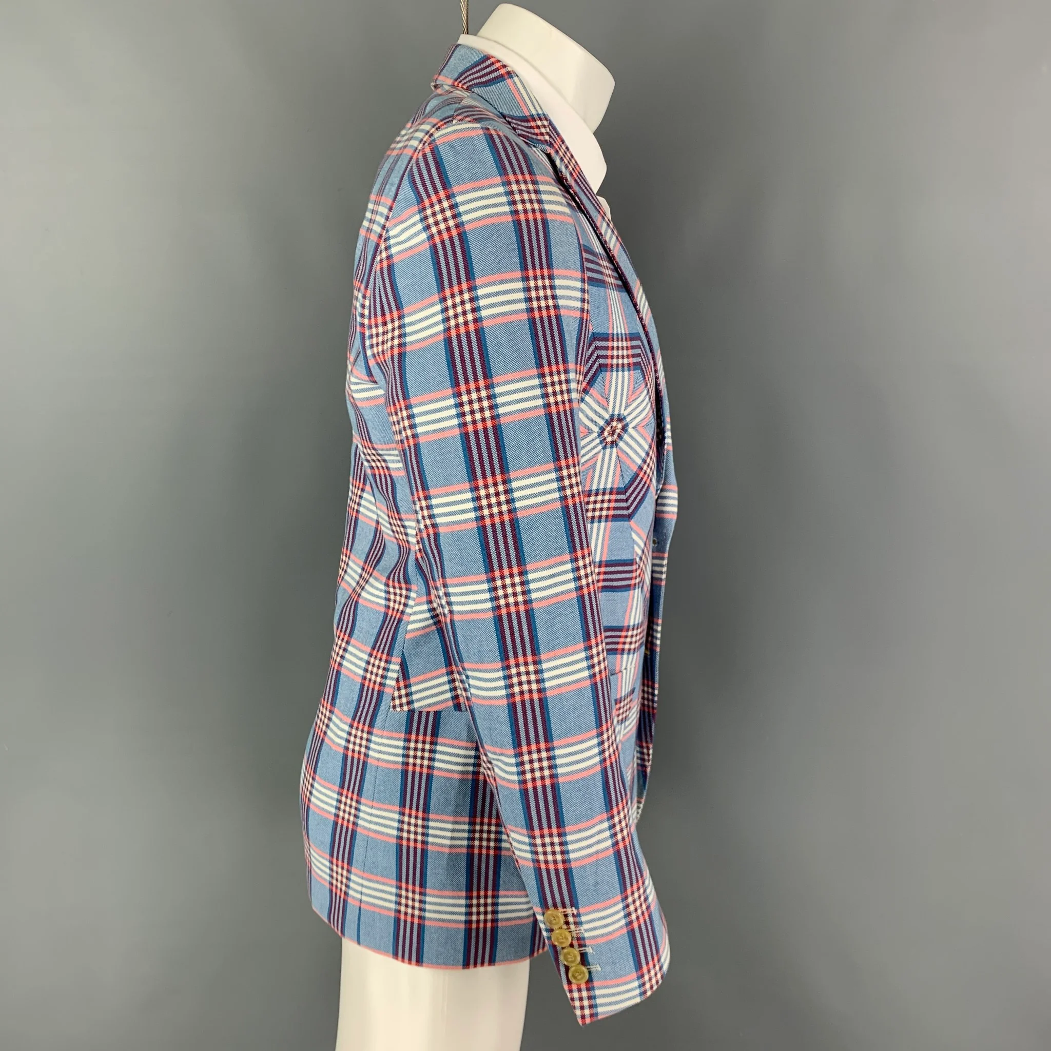 WALTER VAN BEIRENDONCK Spring 2017 Size 38 Blue White & Red Plaid Cotton Sport Coat - Image 2