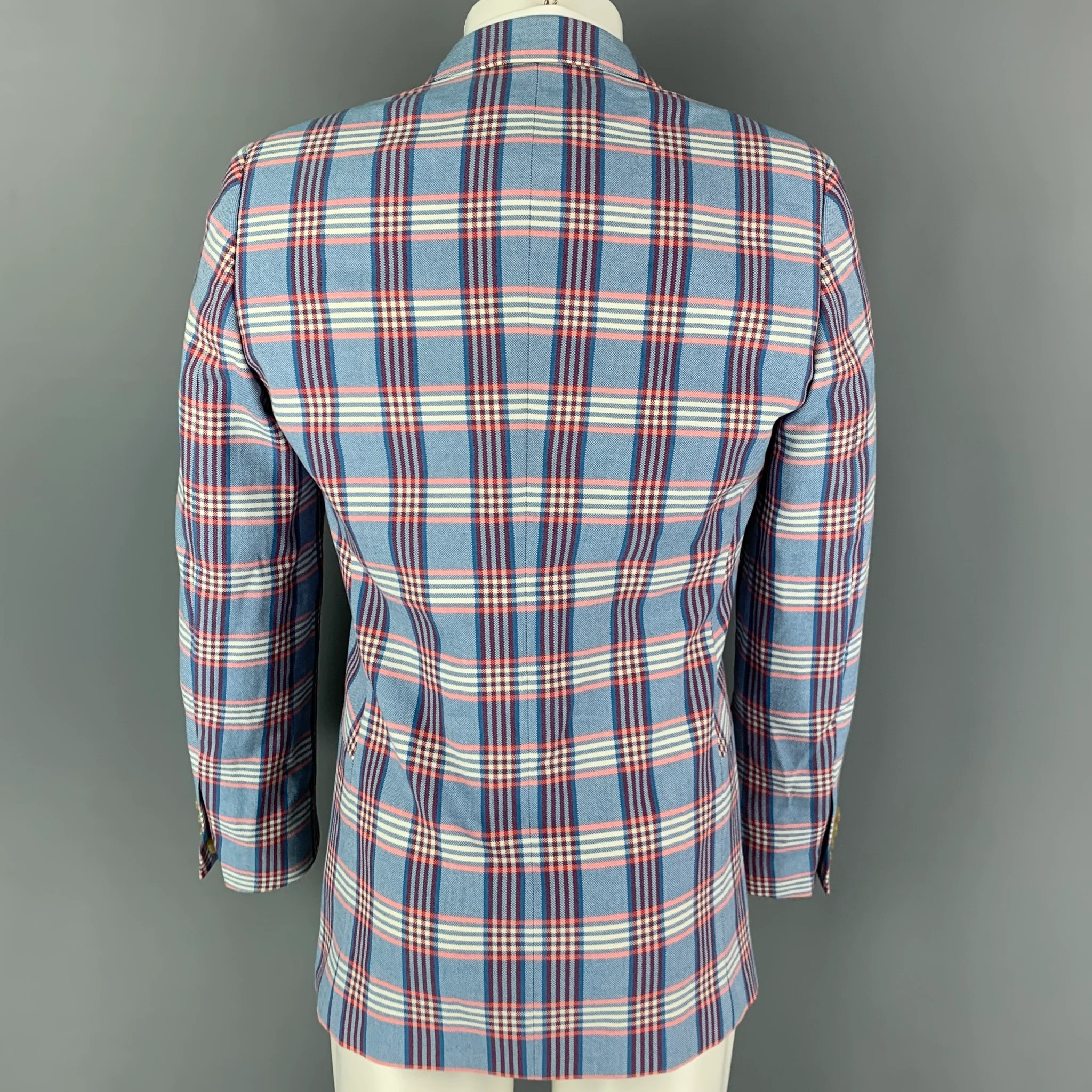 WALTER VAN BEIRENDONCK Spring 2017 Size 38 Blue White & Red Plaid Cotton Sport Coat - Image 3