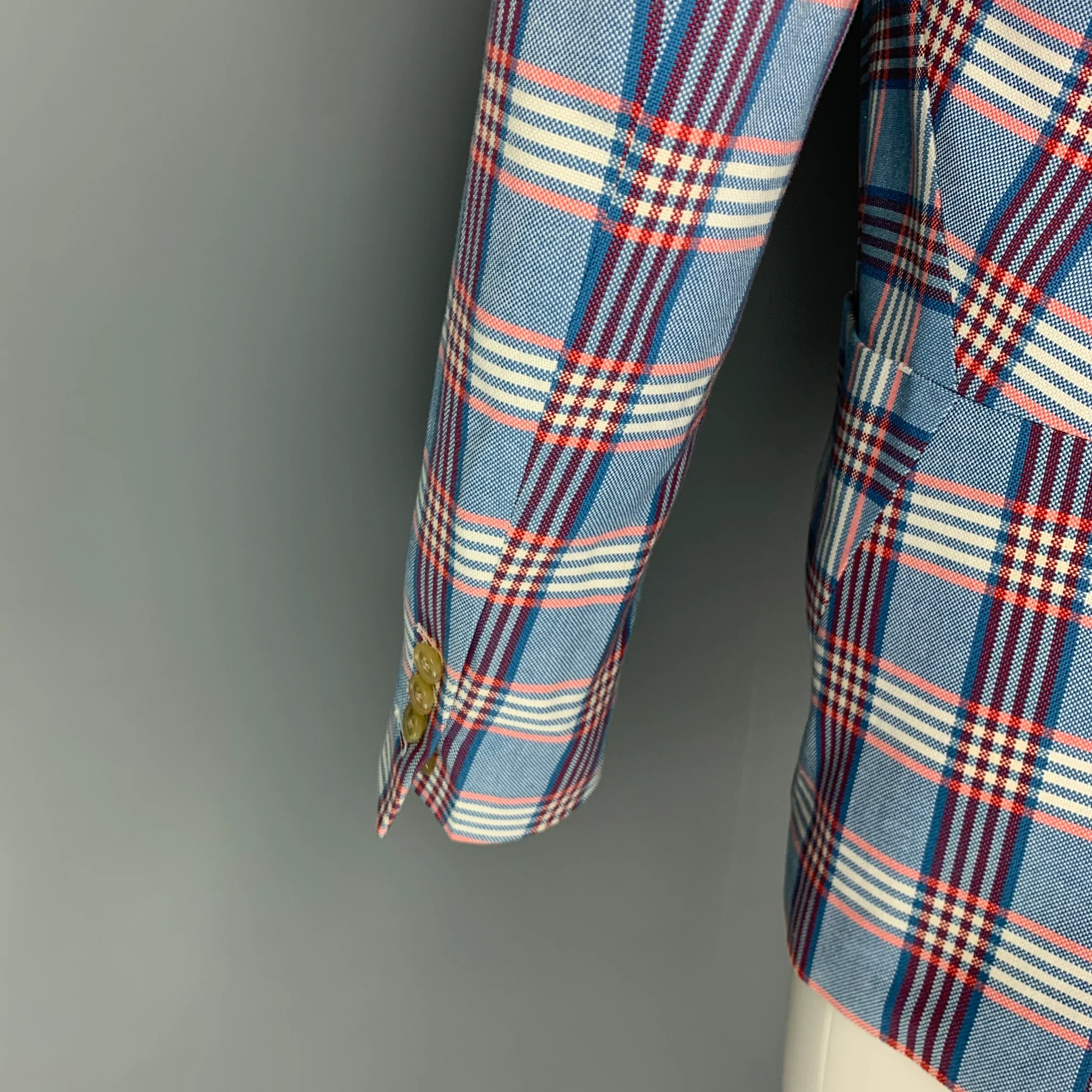 WALTER VAN BEIRENDONCK Spring 2017 Size 38 Blue White & Red Plaid Cotton Sport Coat - Image 4