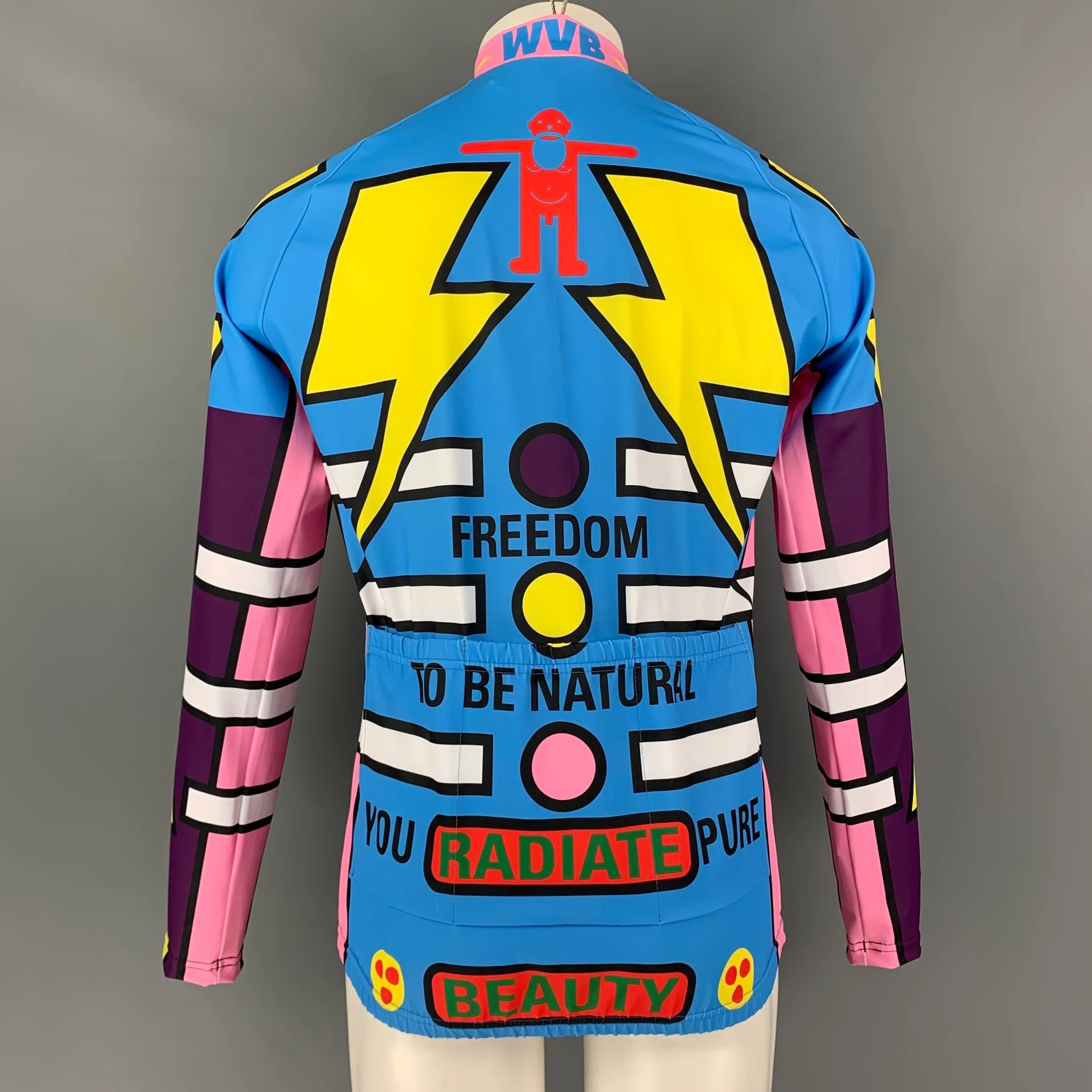 WALTER VAN BEIRENDONCK SS20 Size L Pink Blue Graphic Nylon Jersey Bike Top - Image 3