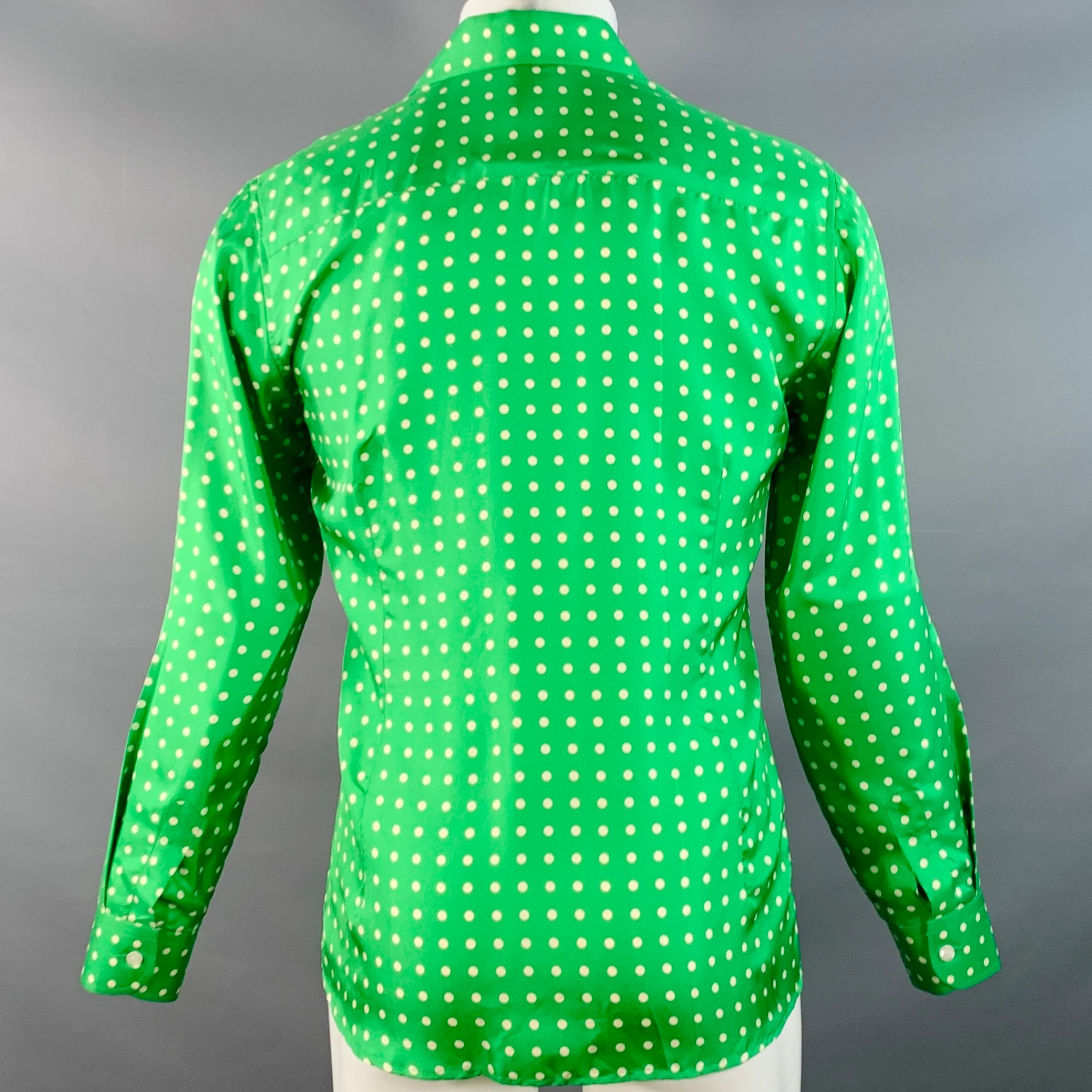 WALTER VAN BEIRENDONCK SS20 Size S Green Cream Polka Dot Silk Twill Long Sleeve Shirt - Image 3
