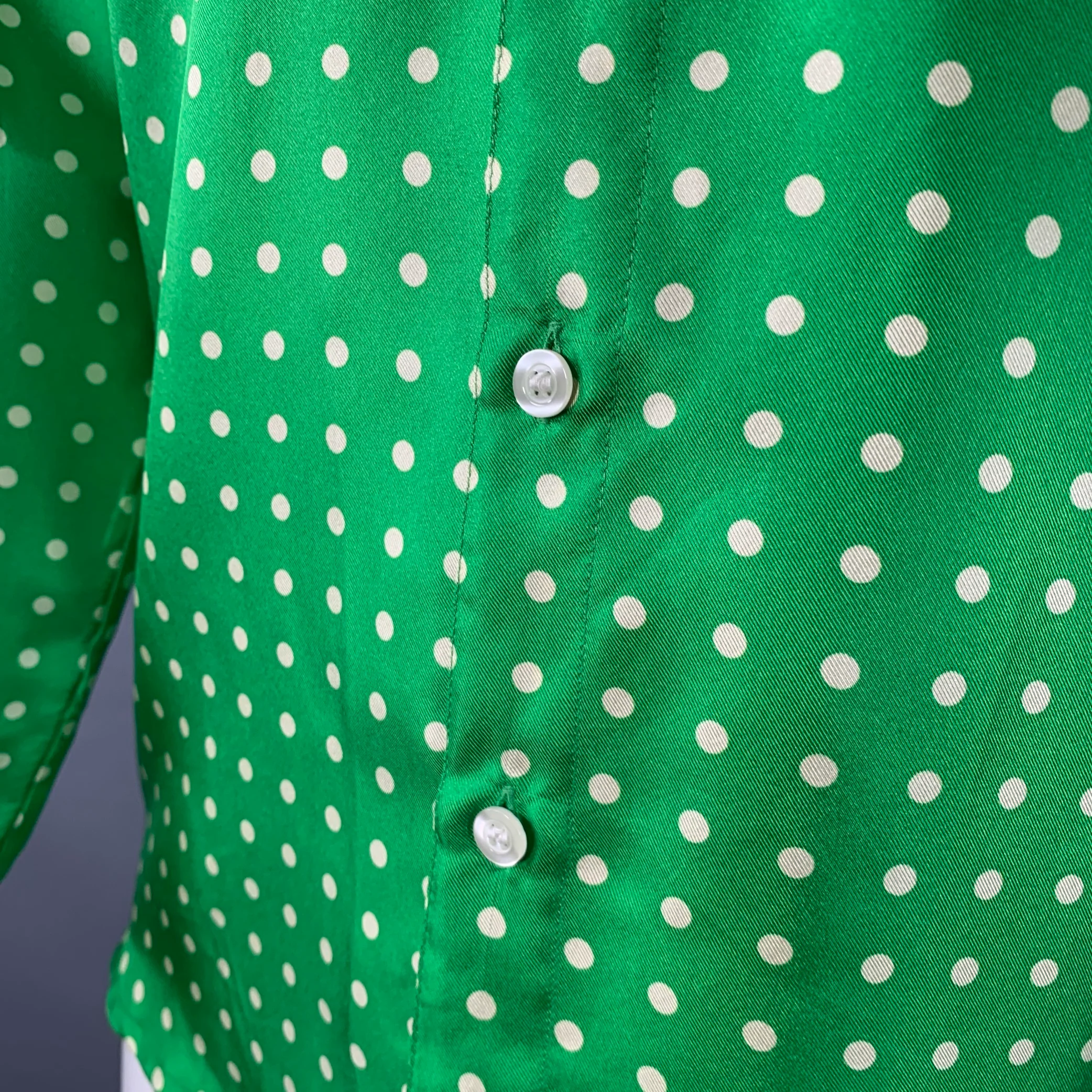 WALTER VAN BEIRENDONCK SS20 Size S Green Cream Polka Dot Silk Twill Long Sleeve Shirt - Image 5