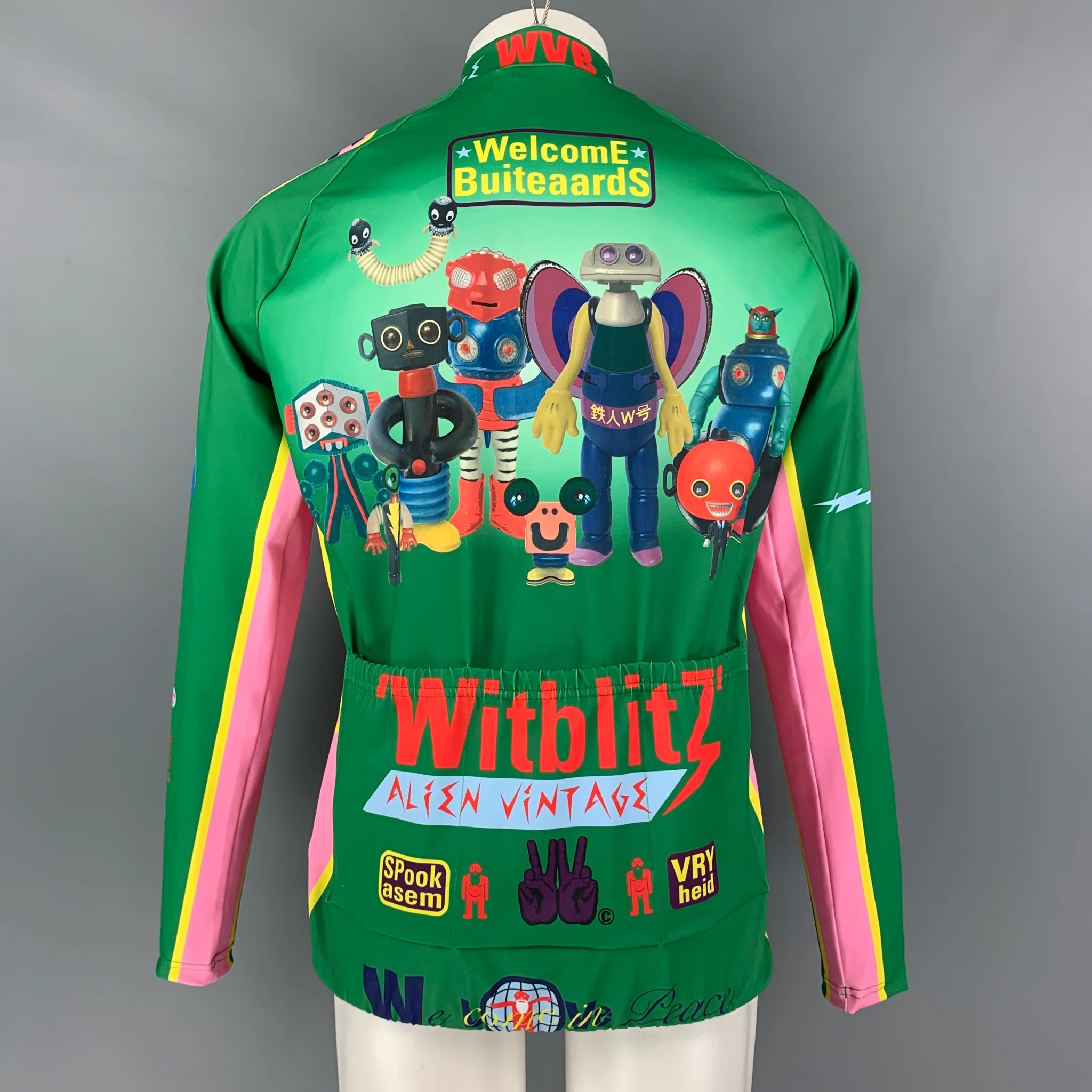 WALTER VAN BEIRENDONCK SS20 Size XL Green Pink Graphic Nylon Jersey Bike Top - Image 3