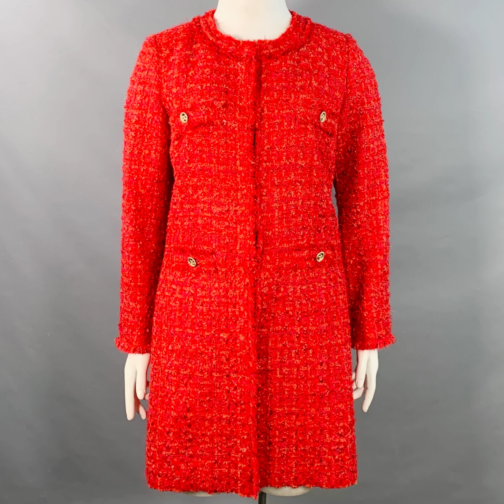 WEILL PARIS Size L Red Acrylic Blend Tweed Hook Eye Collarless Coat