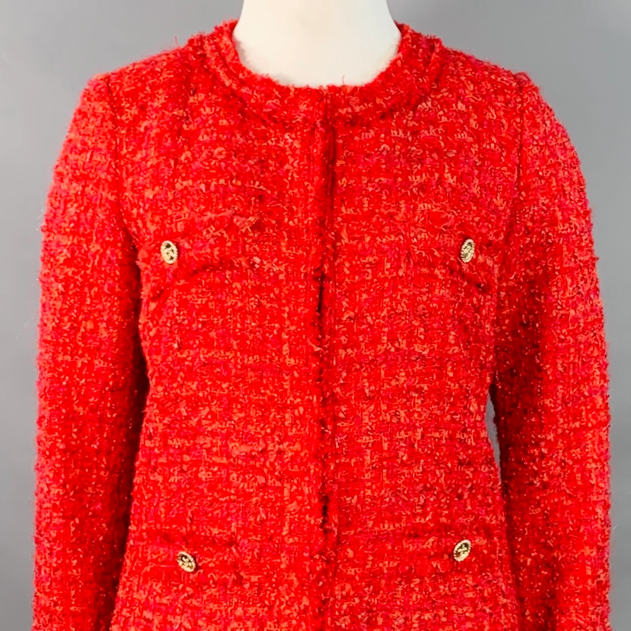 WEILL PARIS Size L Red Acrylic Blend Tweed Hook Eye Collarless Coat - Image 2