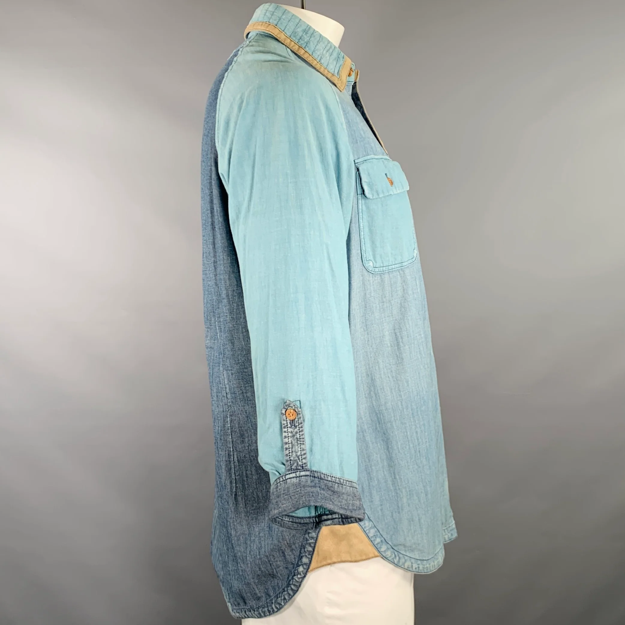 WHITE MOUNTAINEERING Size L Light Blue Color Block Cotton Long Sleeve Shirt - Image 3