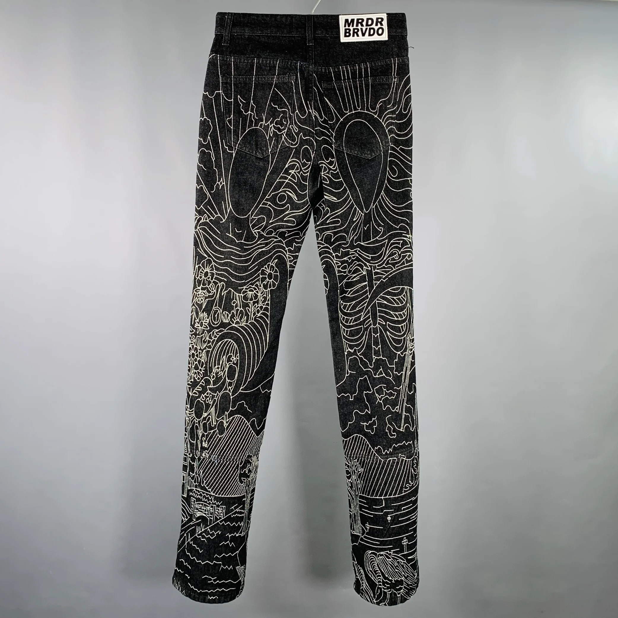 WHO DECIDES WAR Size 26 Duality Indigo White Embroidery Cotton Straight Jeans - Image 4
