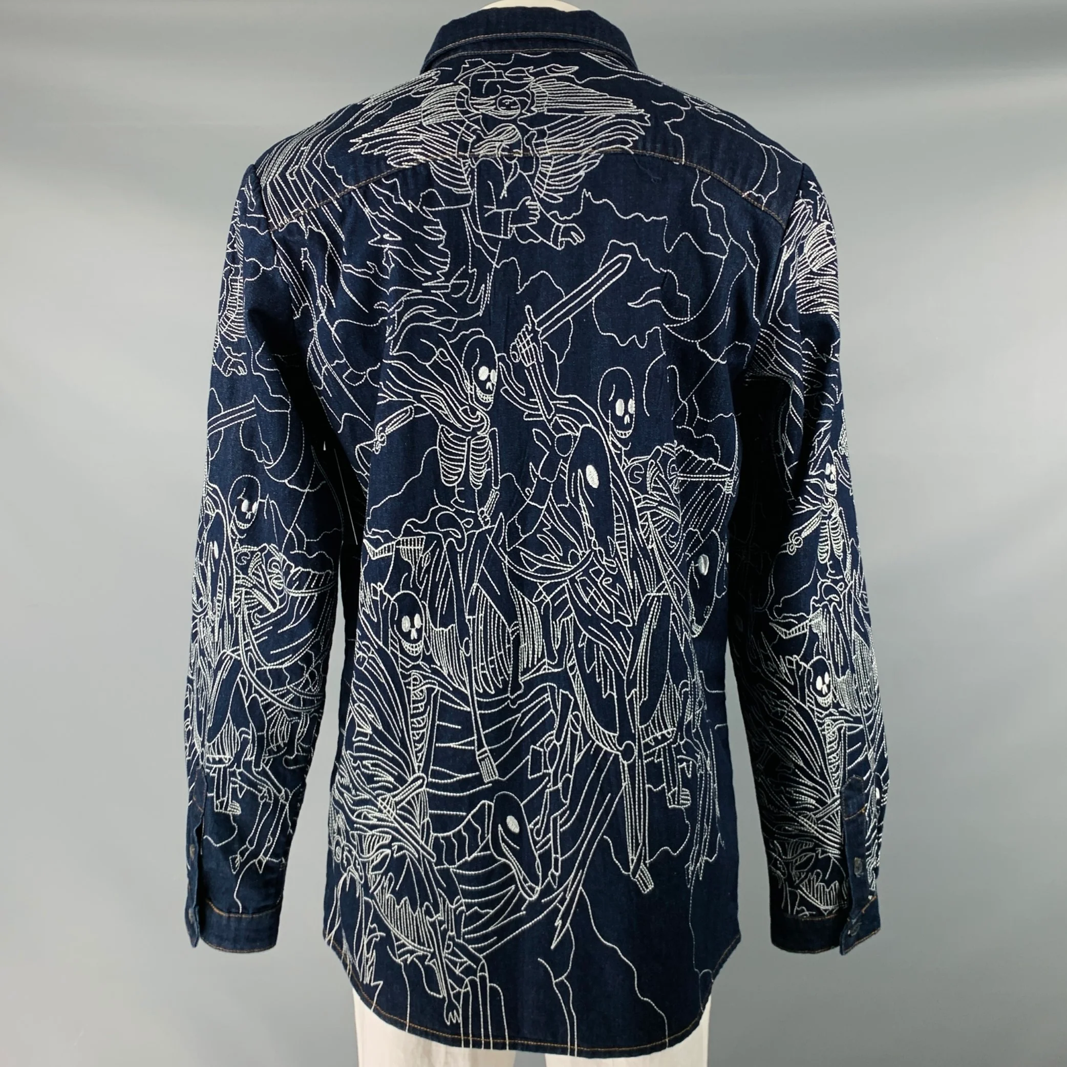 WHO DECIDES WAR Size XL -Four Horsemen- Navy White Embroidery Cotton Denim Coat - Image 4