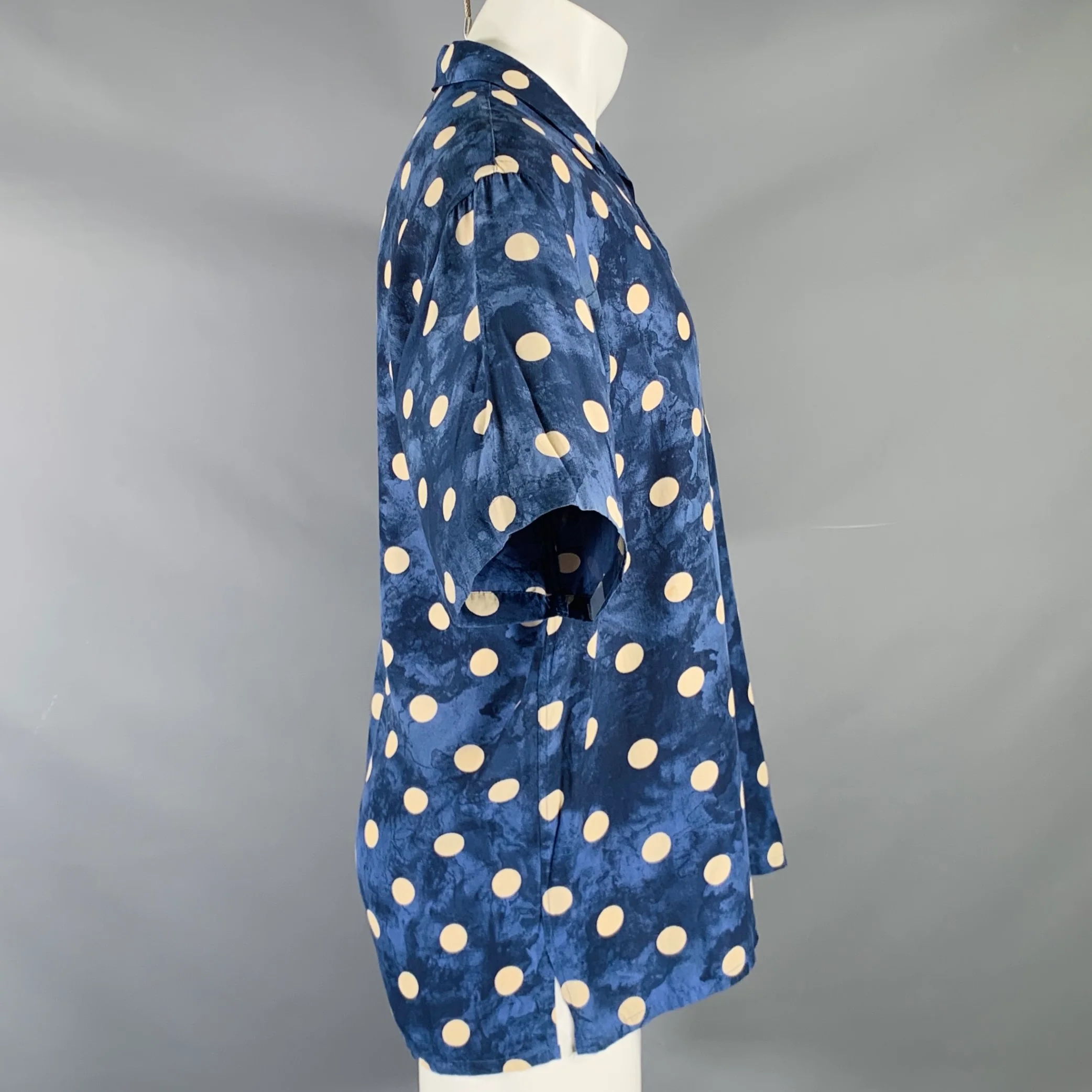 WILKE RODRIGUEZ Size M Blue White Polka Dot Rayon Camp Short Sleeve Shirt - Image 3