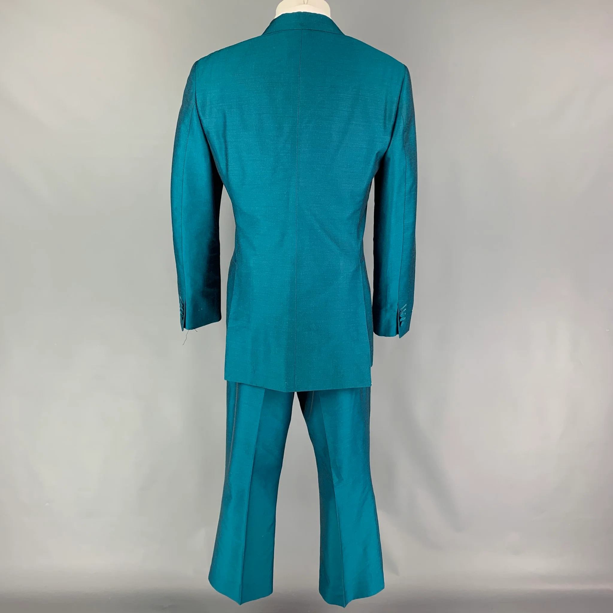 WILLIAM HUNT Savile Row Size 42 Teal Silk Peak Lapel Suit - Image 3