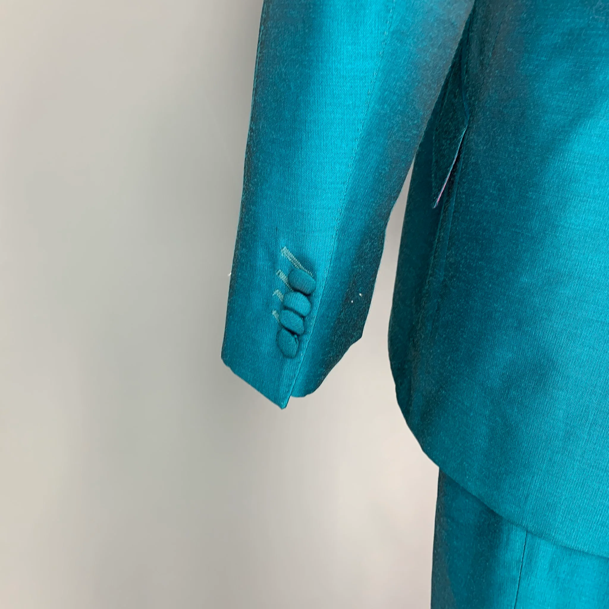 WILLIAM HUNT Savile Row Size 42 Teal Silk Peak Lapel Suit - Image 4
