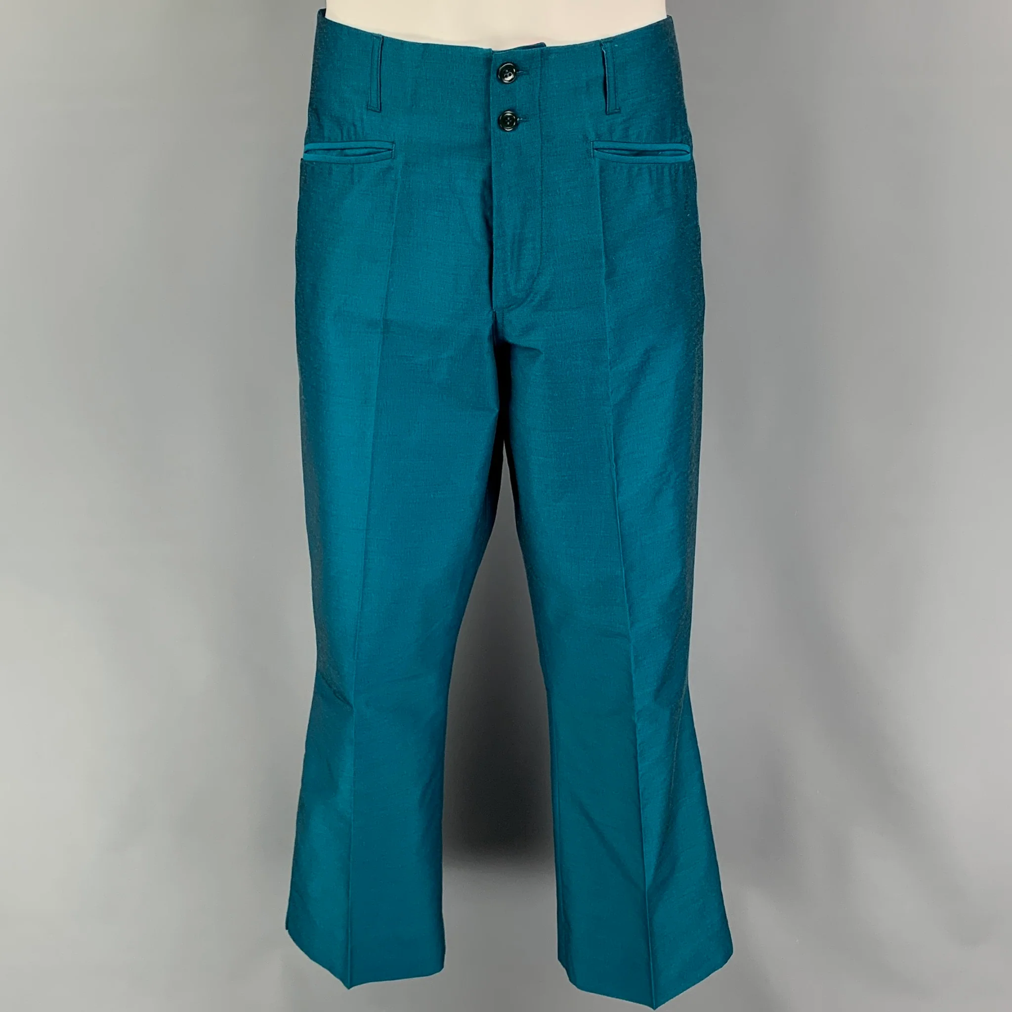 WILLIAM HUNT Savile Row Size 42 Teal Silk Peak Lapel Suit - Image 5