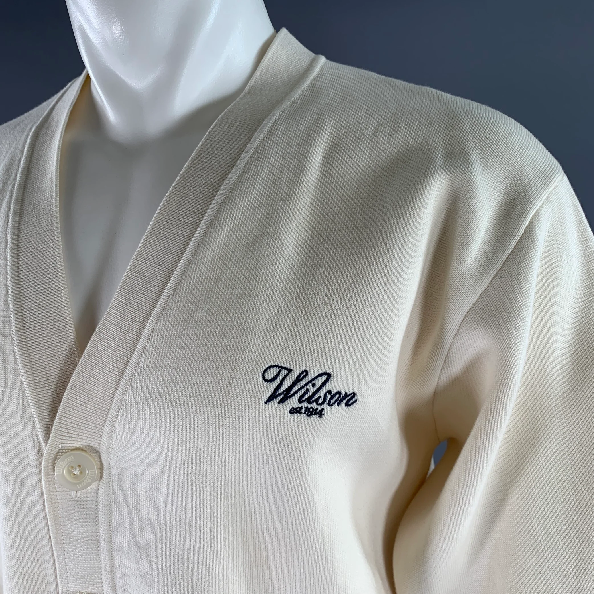 WILSON Size S Cream Navy Logo Cotton Cardigan - Image 2