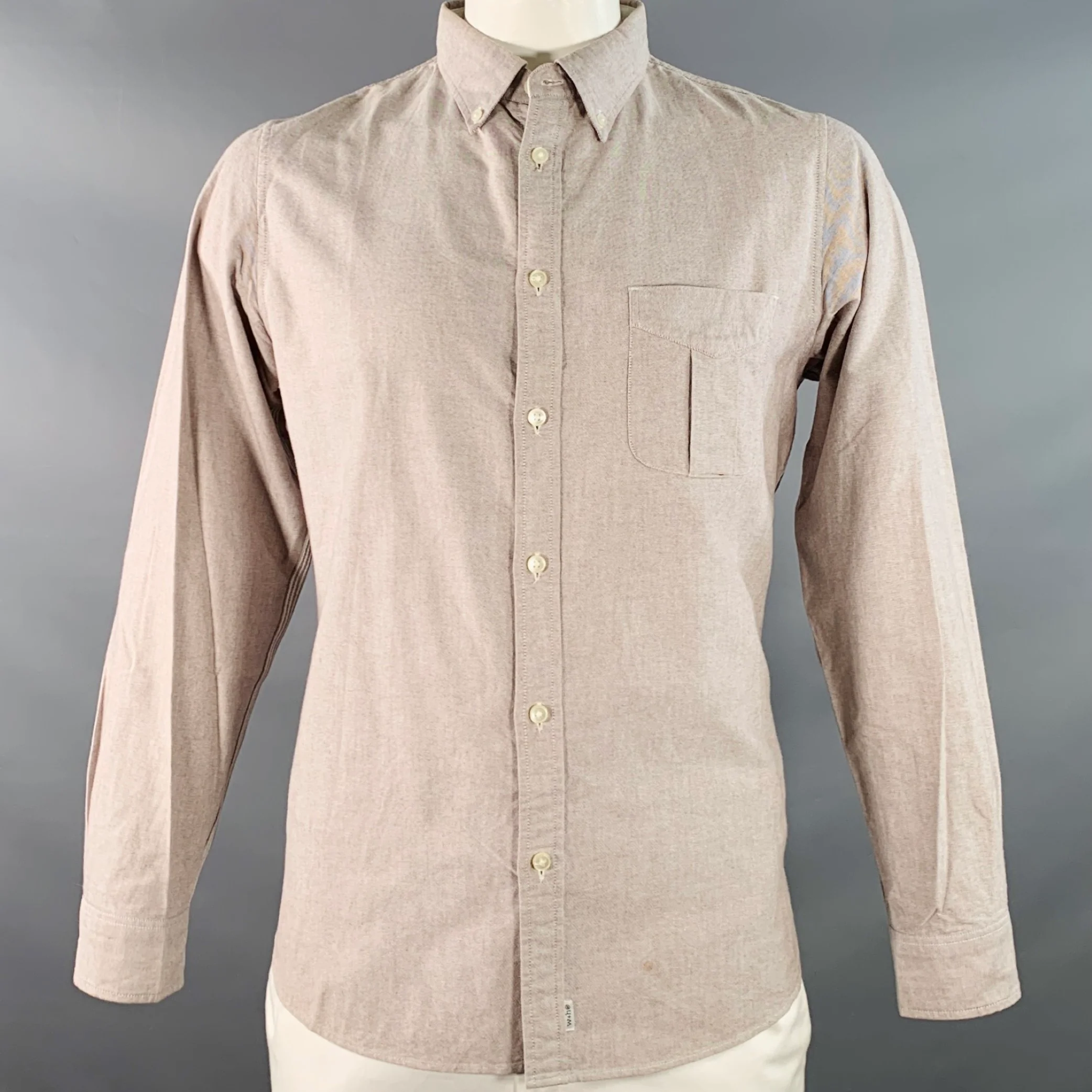 WINGS + HORNS Size L Grey Cotton One Pocket Button Down Collar Long Sleeve Shirt