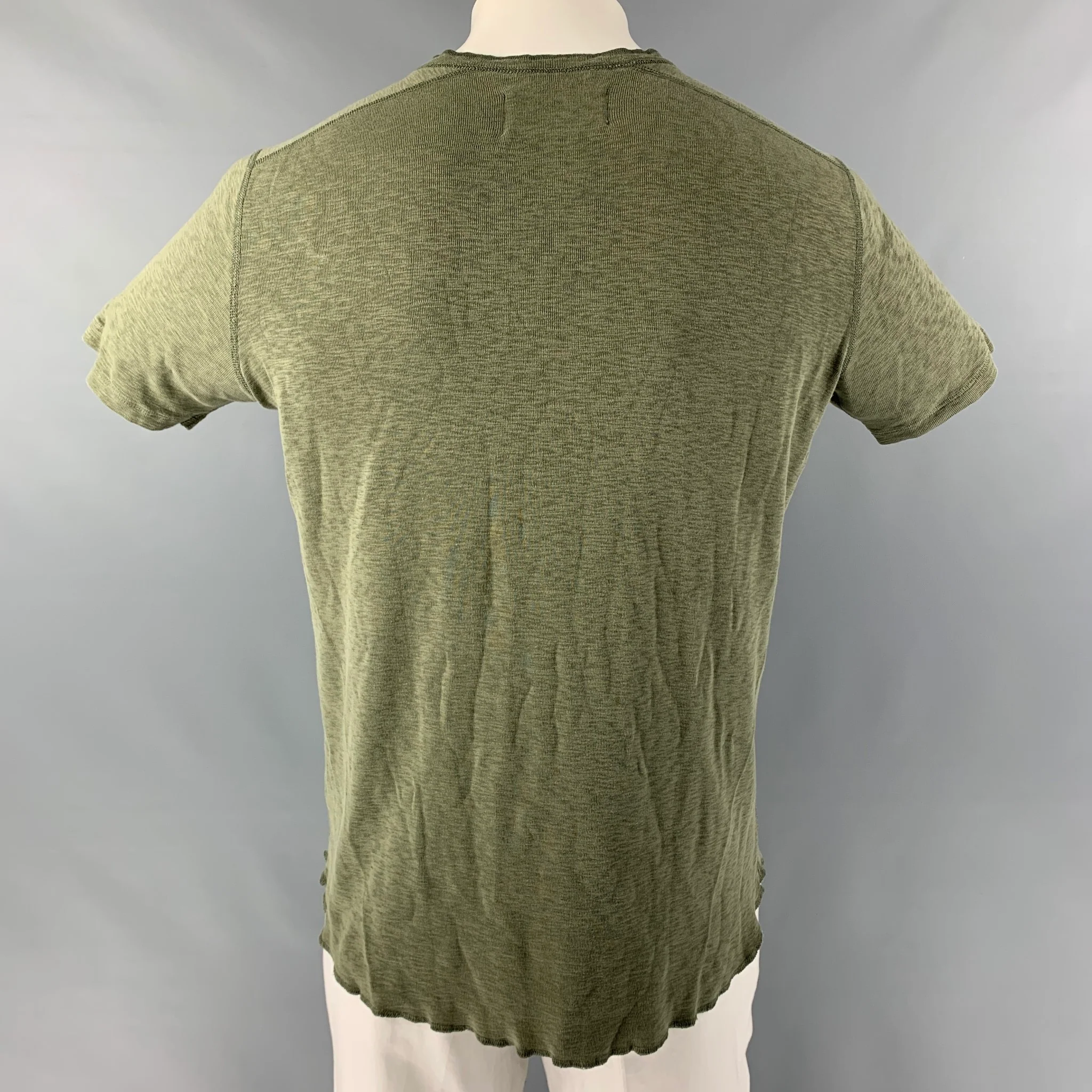 WINGS + HORNS Size L Olive Textured Cotton Henley T-shirt - Image 3