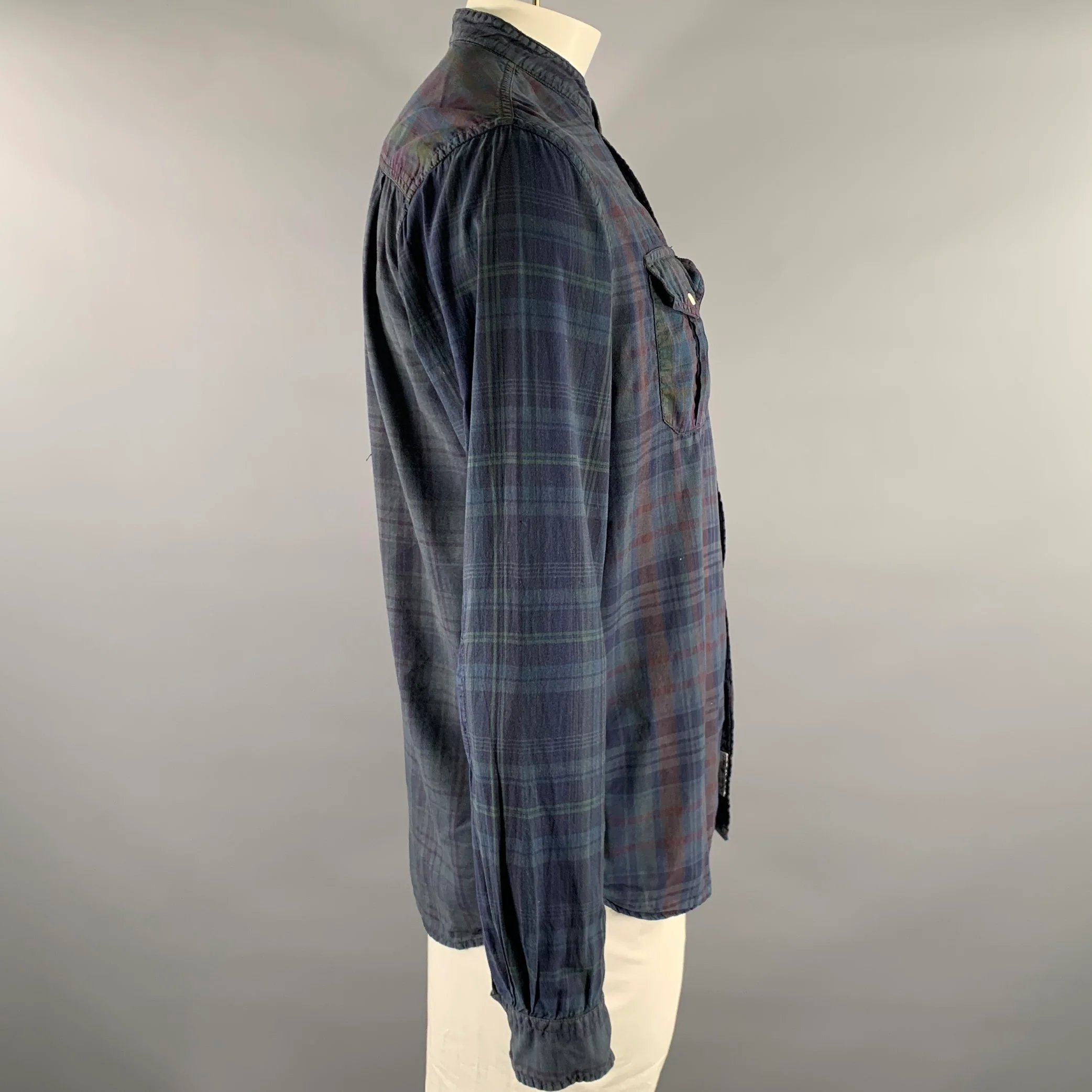 WOOLRICH Size L Navy Green Plaid Cotton Band Collar Long Sleeve Shirt - Image 3