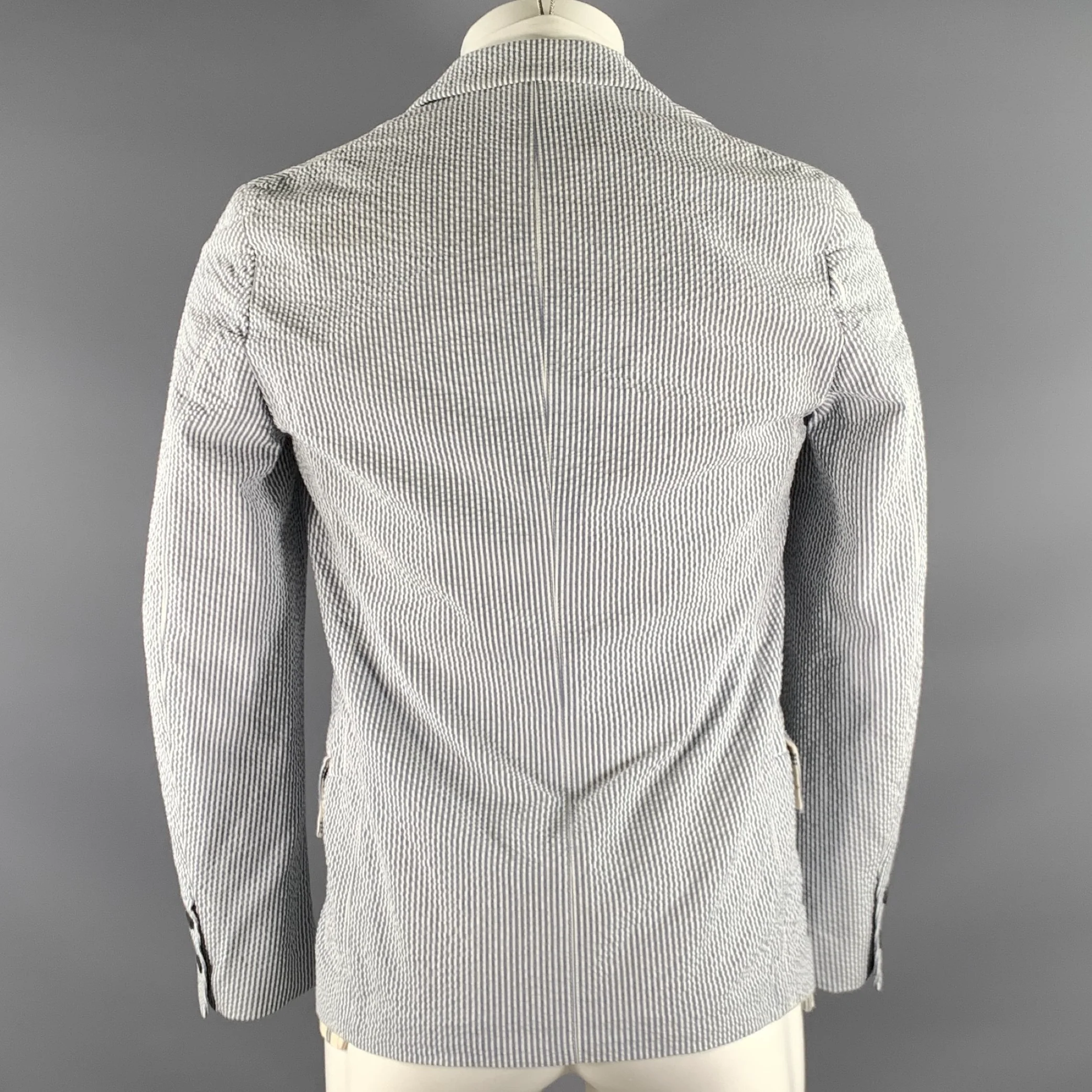 WOOSTER + LARDINI Chest Size 36 Blue White Seersucker Cotton Sport Coat - Image 4