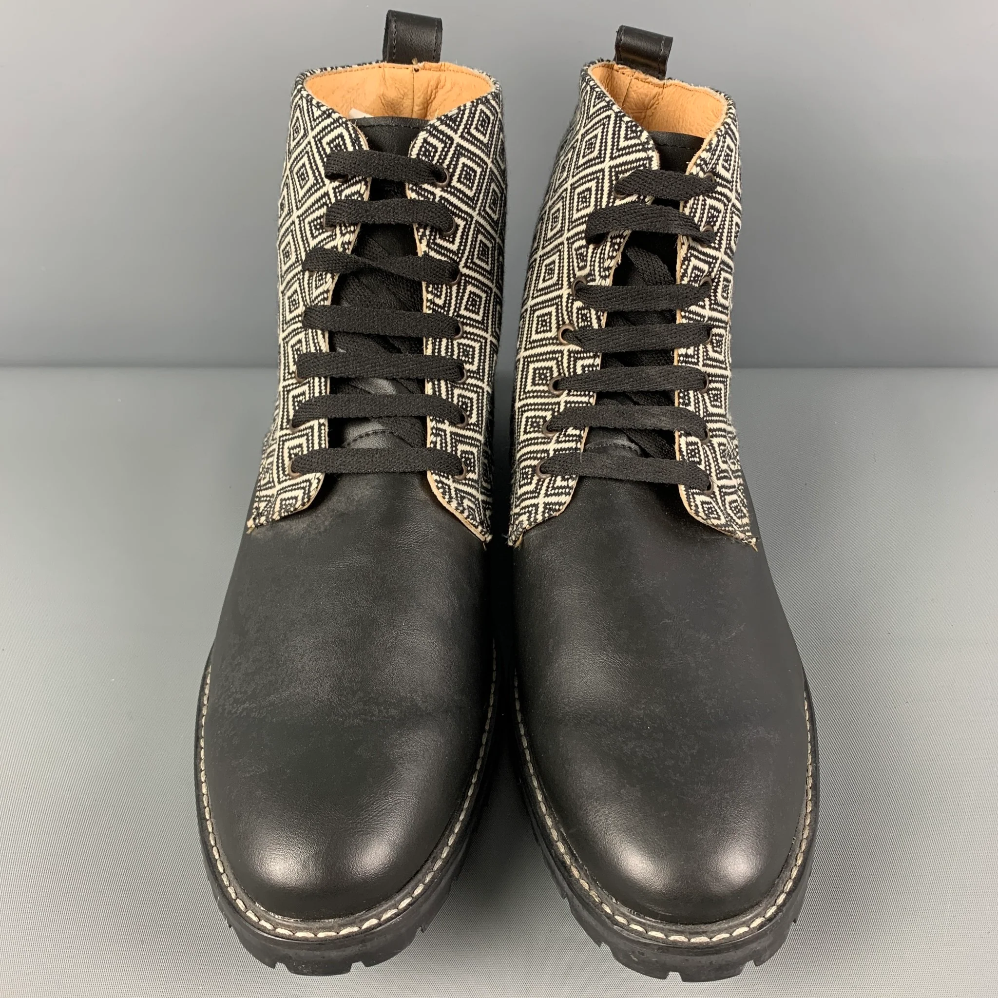 XICARU Size 12 Black White Mixed Materials Fabric Lace Up Boots - Image 4