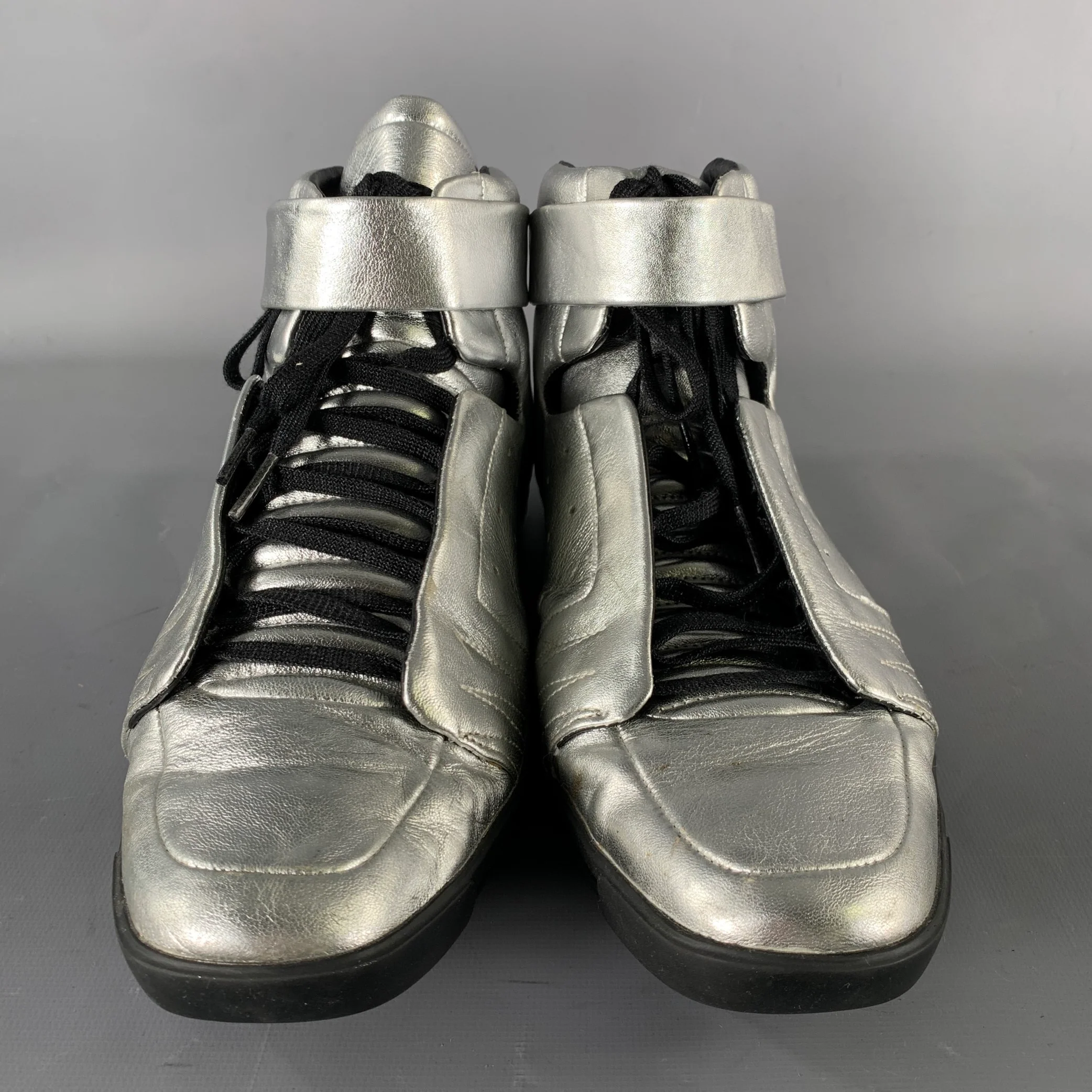 Y-3 Size 10.5 Silver Shimmery Leather High Top Sneakers - Image 4