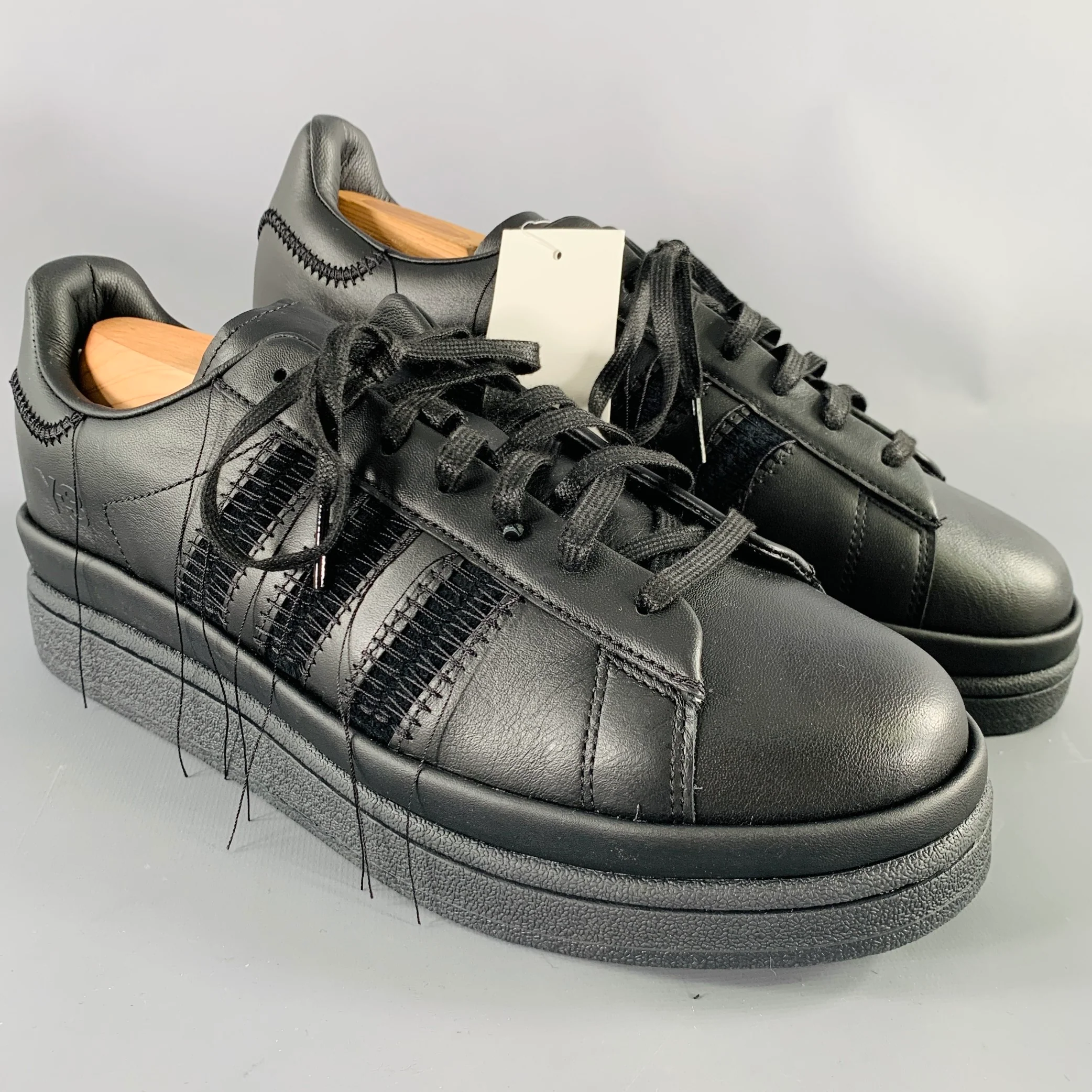 Y-3 Size 11 Hicho Black Leather Lace-Up Sneakers