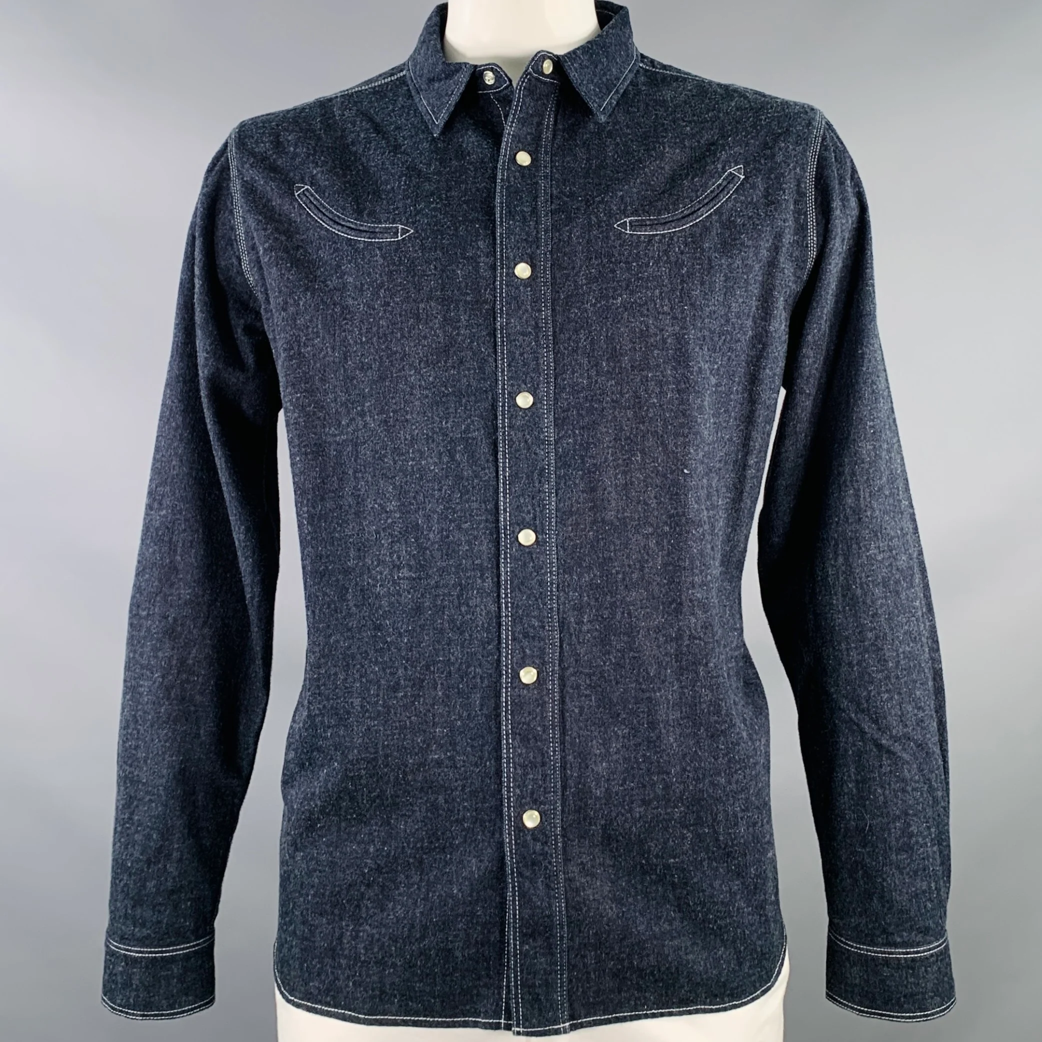 YMC Size L Billy Bob Navy Indigo Contrast Stitch Cotton Denim Western Long Sleeve Shirt