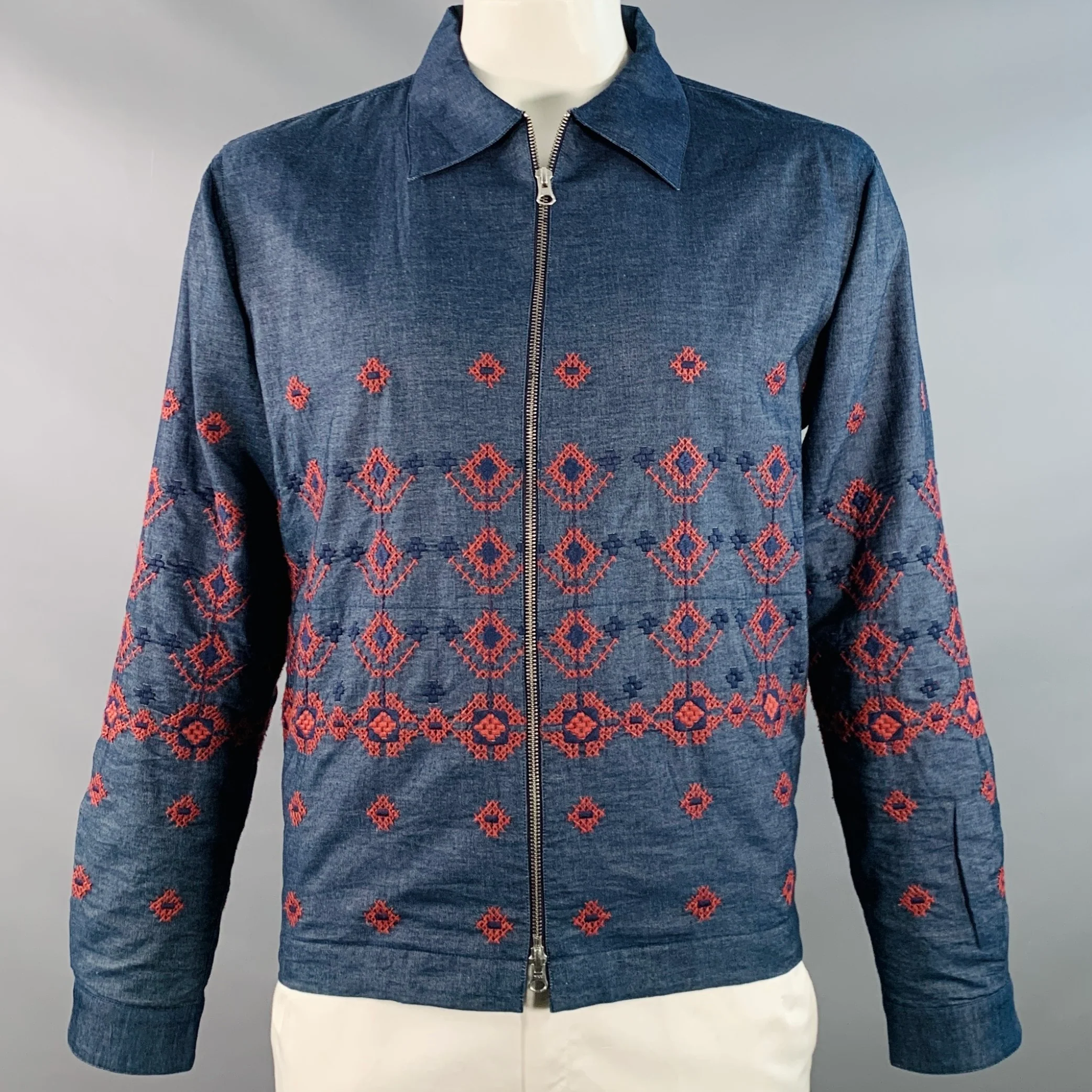 YMC Size L Blue Red Embroidery Cotton Zip Up Jacket