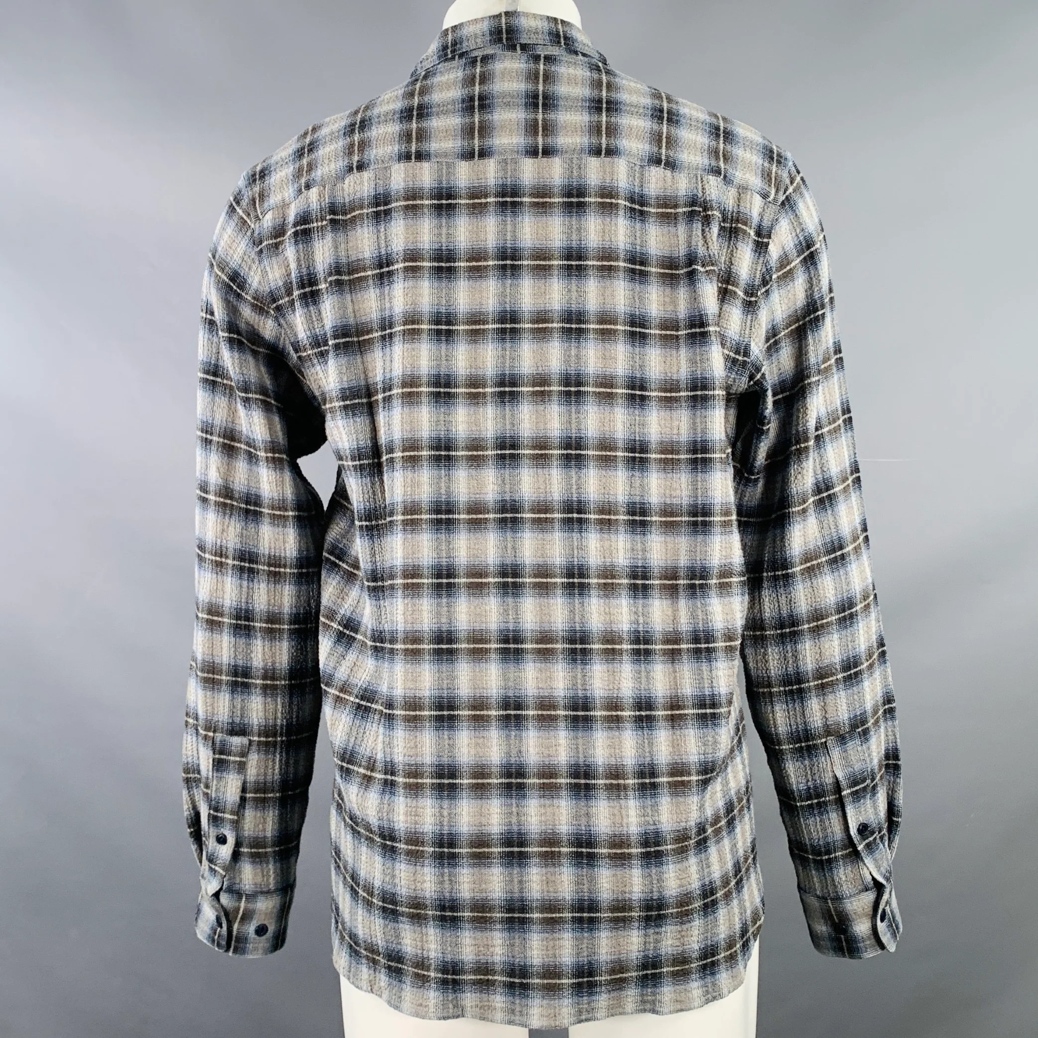 YMC Size M Curtis Grey Brown Plaid Cotton Cashmere Blend One Pocket Long Sleeve Shirt - Image 4