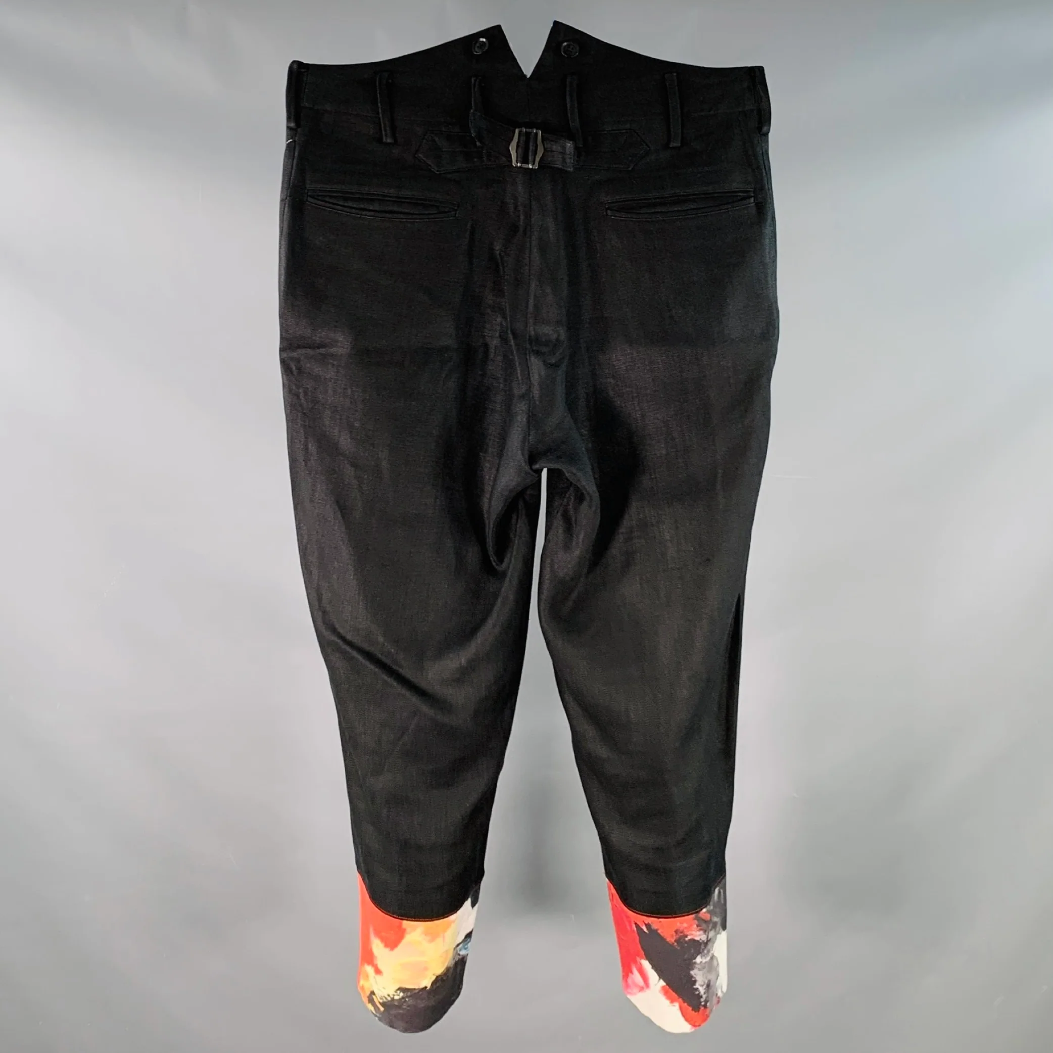 YOHJI YAMAMOTO Size L Black Red Contrast Trim Linen Back Cinch High Waisted Dress Pants - Image 3
