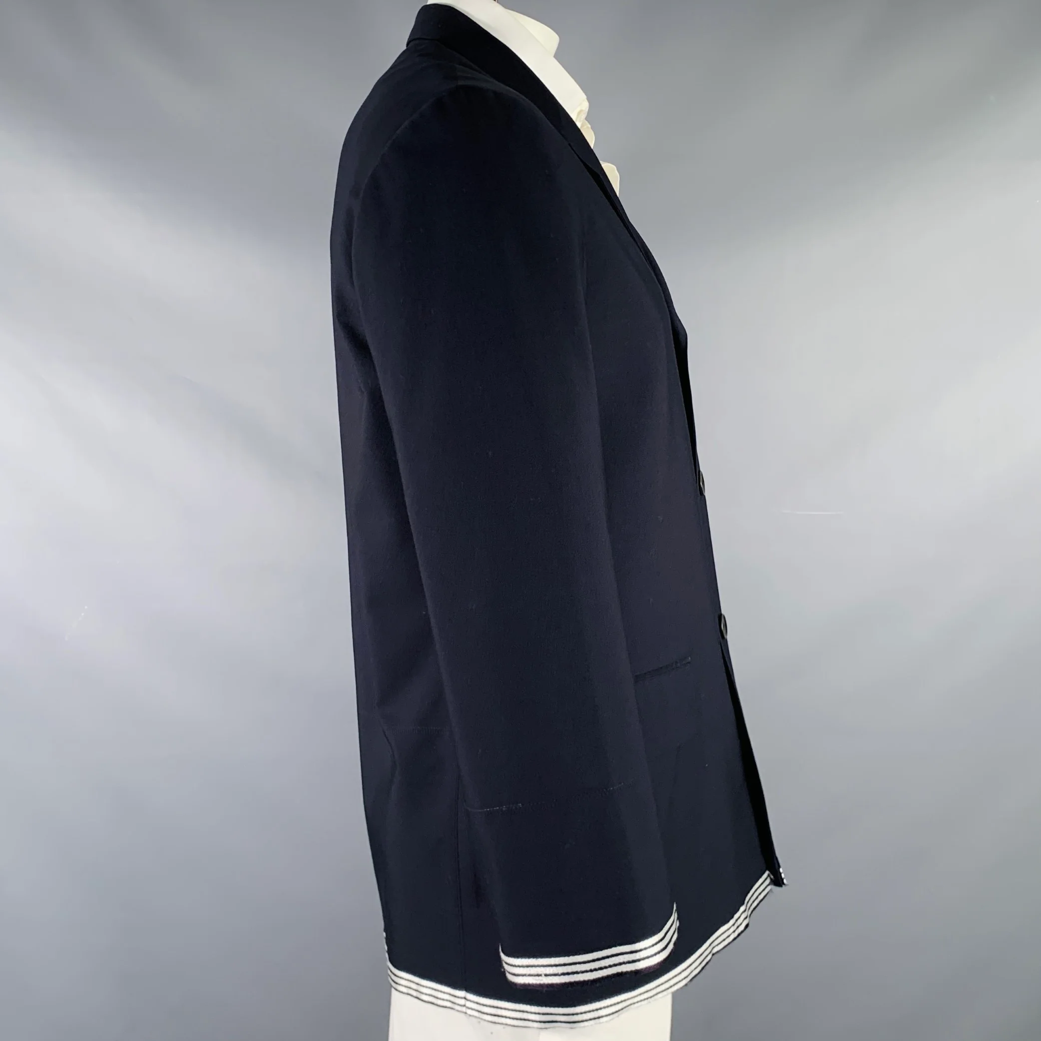 YOHJI YAMAMOTO Size L Navy White Contrast Trim Wool Polyester Sport Coat - Image 3