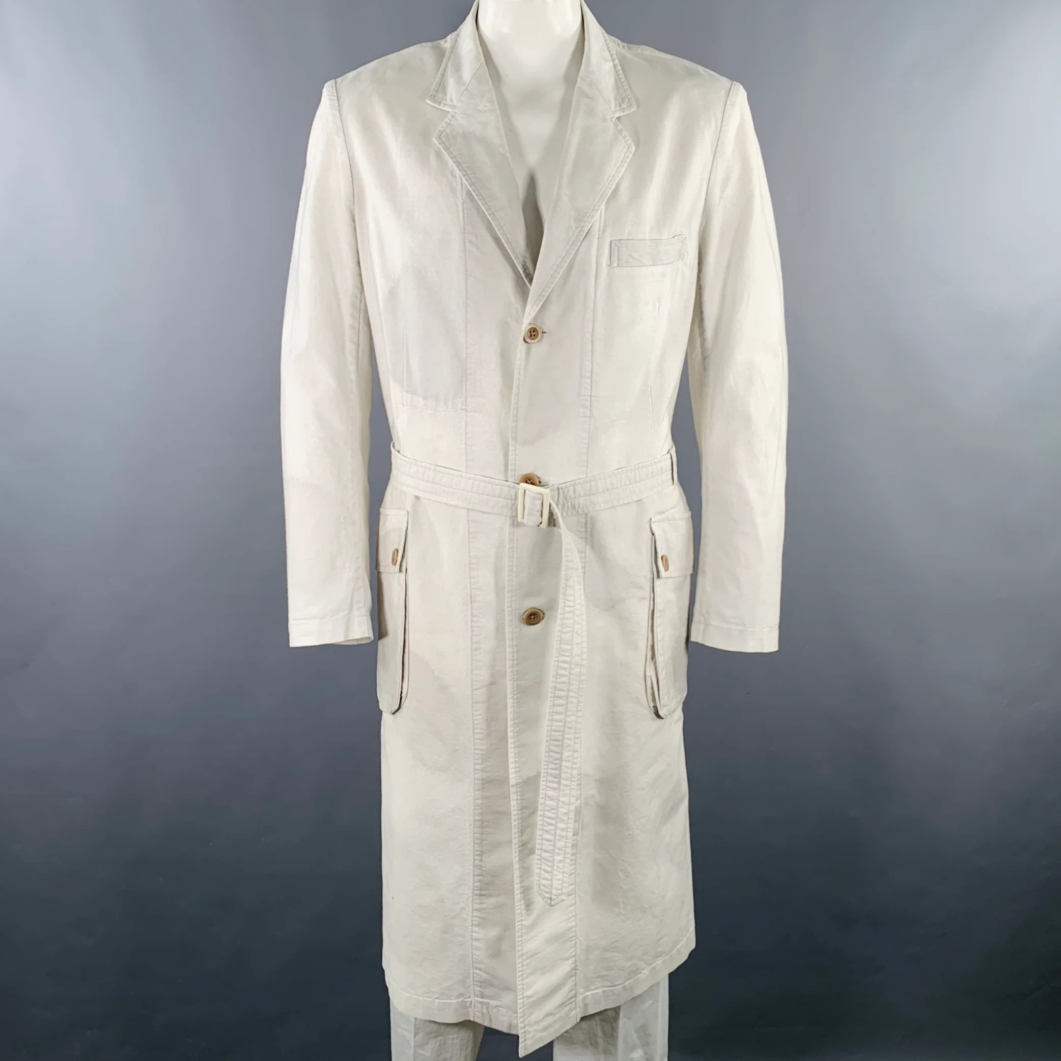 YOHJI YAMAMOTO Size XL Light Grey Cotton Belted Coat