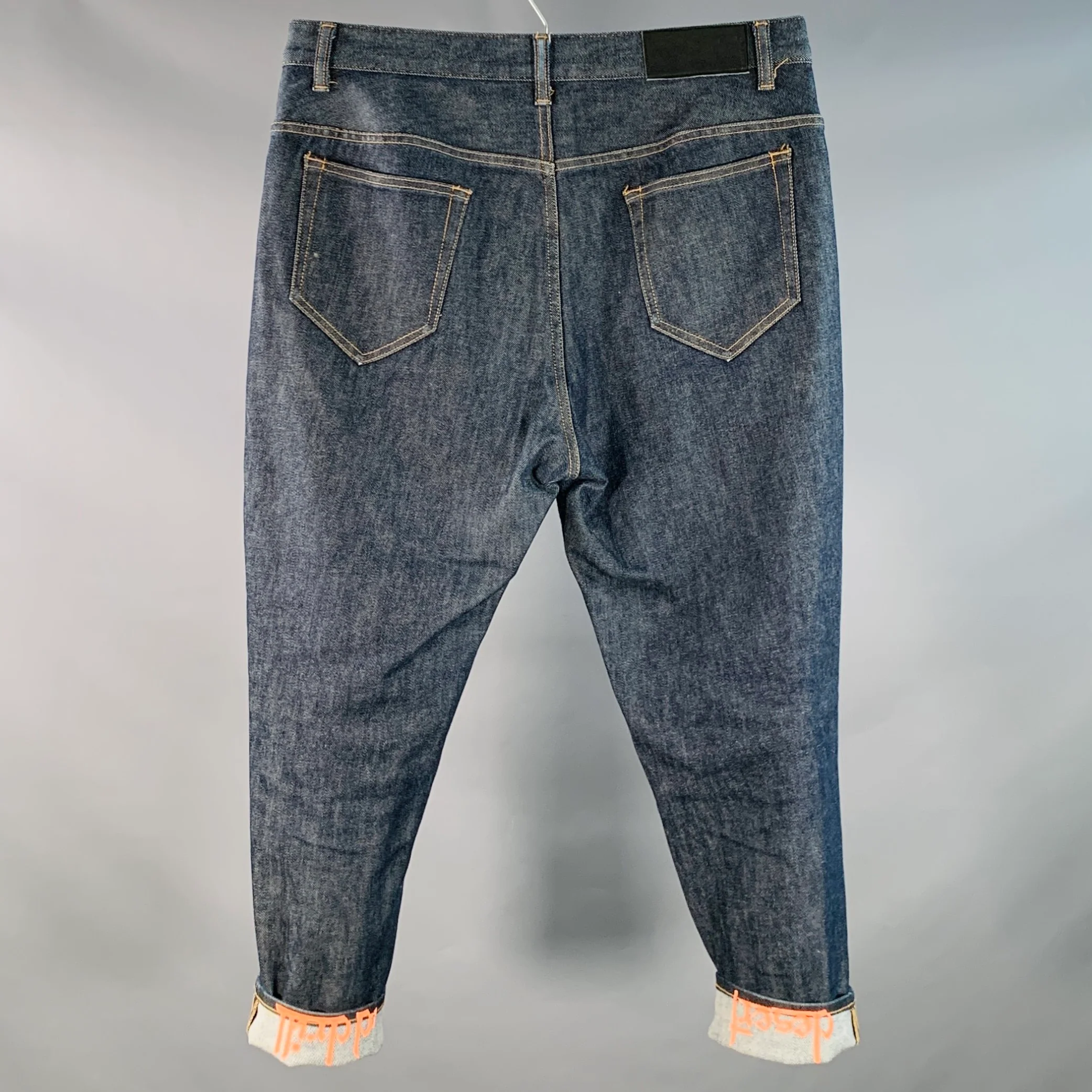 YOSHIO KUBO Size 34 Blue Cotton Blend Twill Contrast Stitch Painted Cuff Cropped Jeans - Image 3