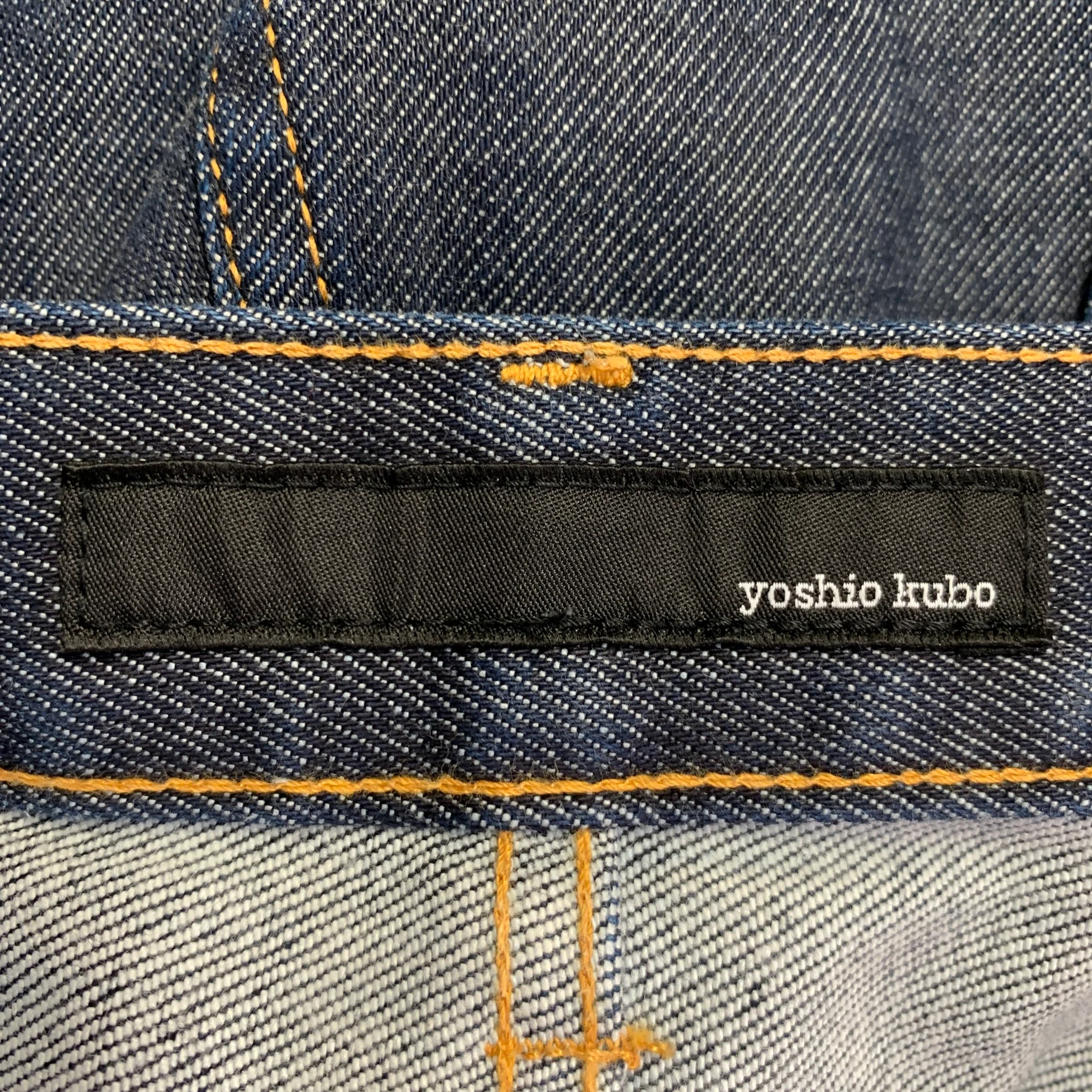 YOSHIO KUBO Size 34 Blue Cotton Blend Twill Contrast Stitch Painted Cuff Cropped Jeans - Image 8