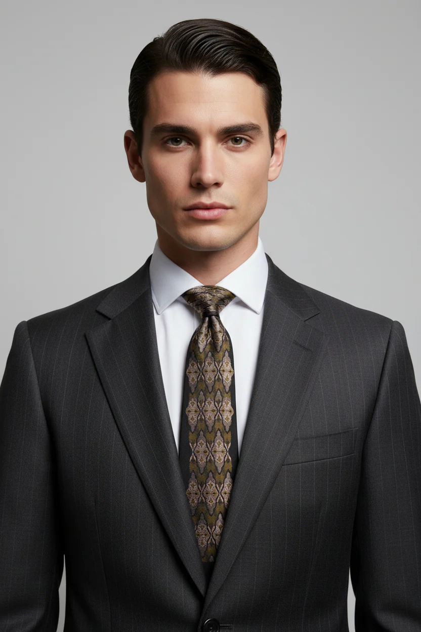 YVES SAINT LAURENT Black Multi-Color Geometric Silk Tie - Image 2