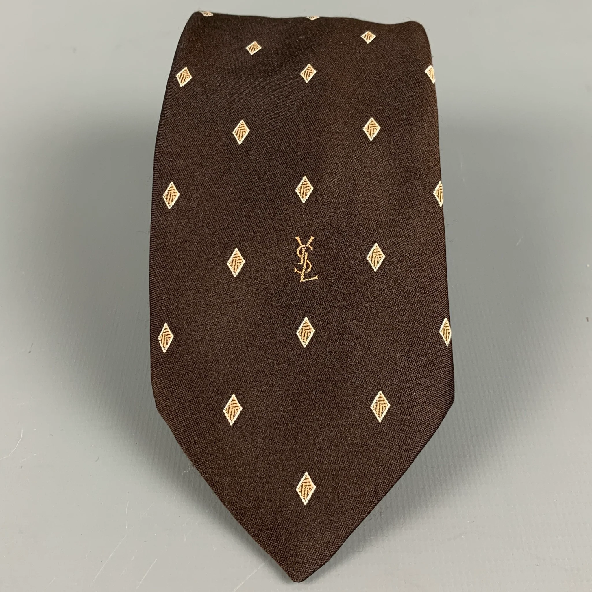 YVES SAINT LAURENT Brown Yellow Diamond Silk Jacquard Tie
