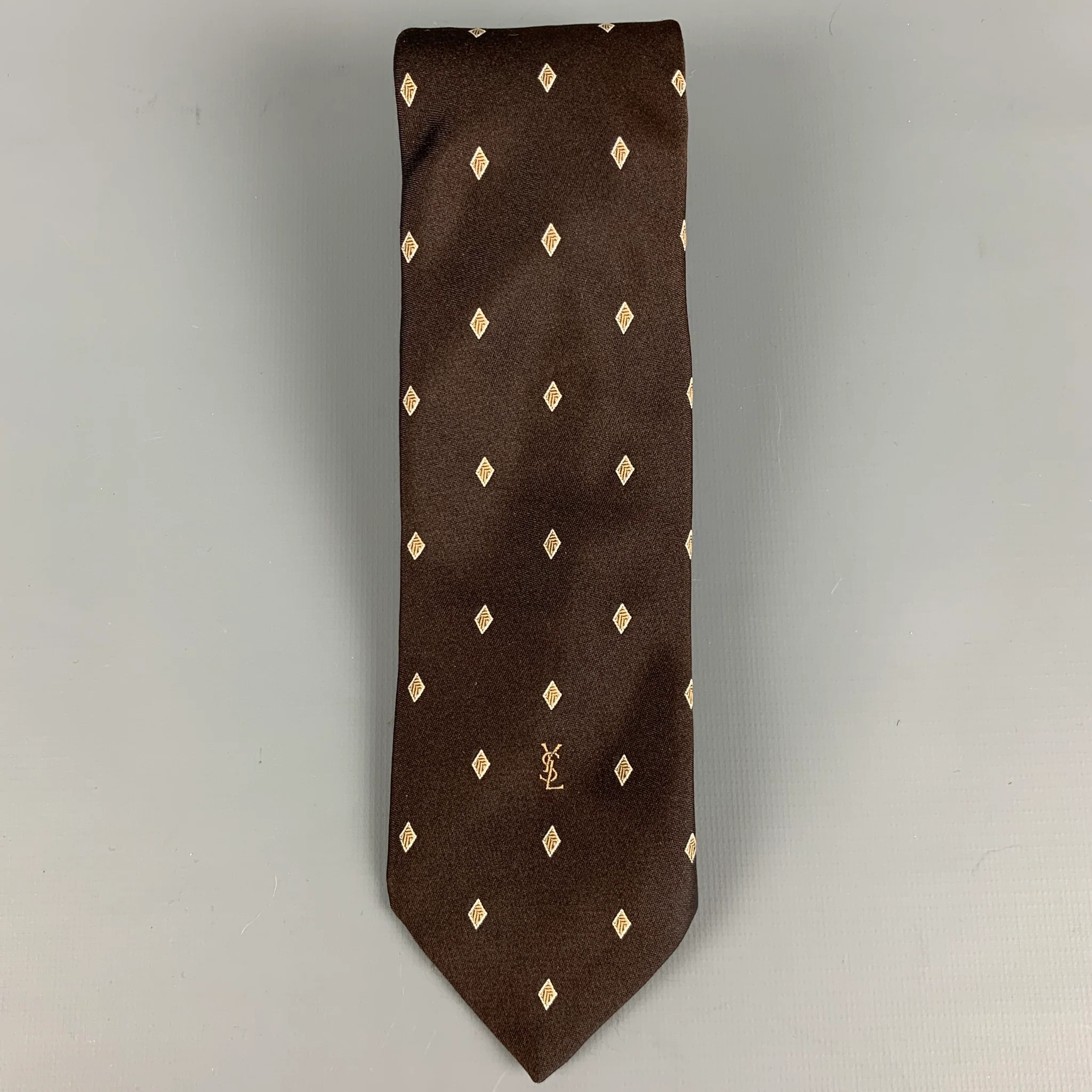 YVES SAINT LAURENT Brown Yellow Diamond Silk Jacquard Tie - Image 2