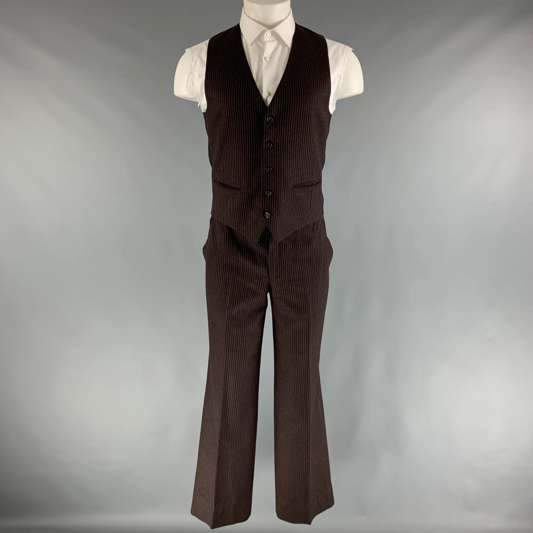 YVES SAINT LAURENT Chest Size 40 Brown White Pinstripe Single breasted 32 Suit - Image 5