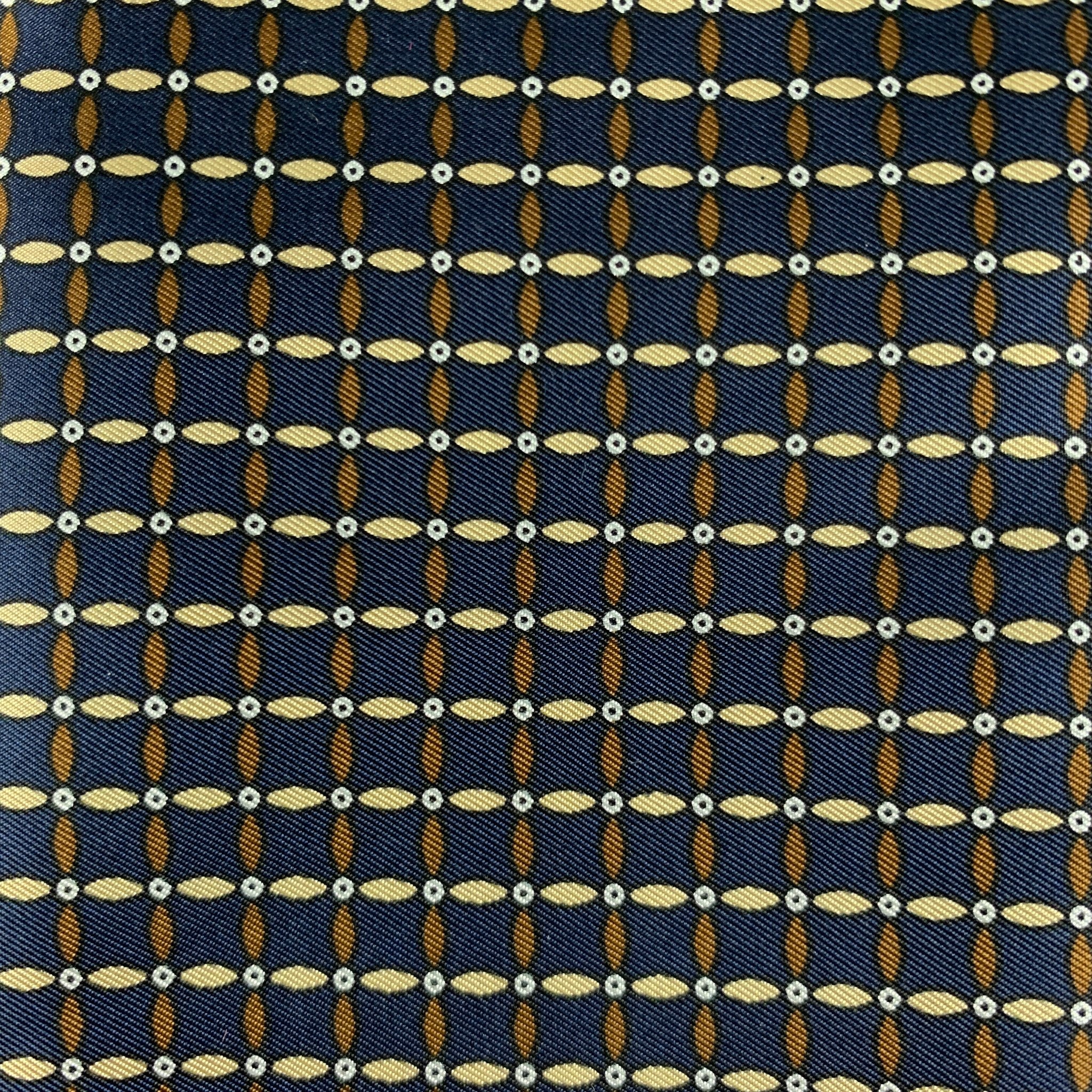 YVES SAINT LAURENT Navy Beige Squares Silk Pocket Square - Image 5